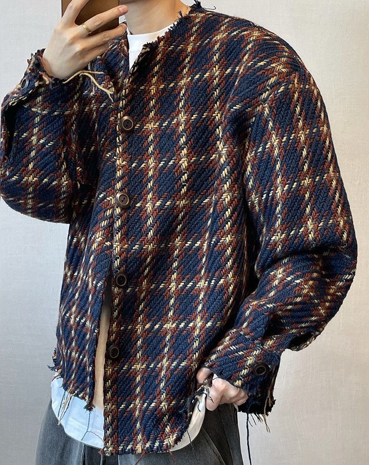 Avant garde fashion distressed plaid mixed raw jacket
