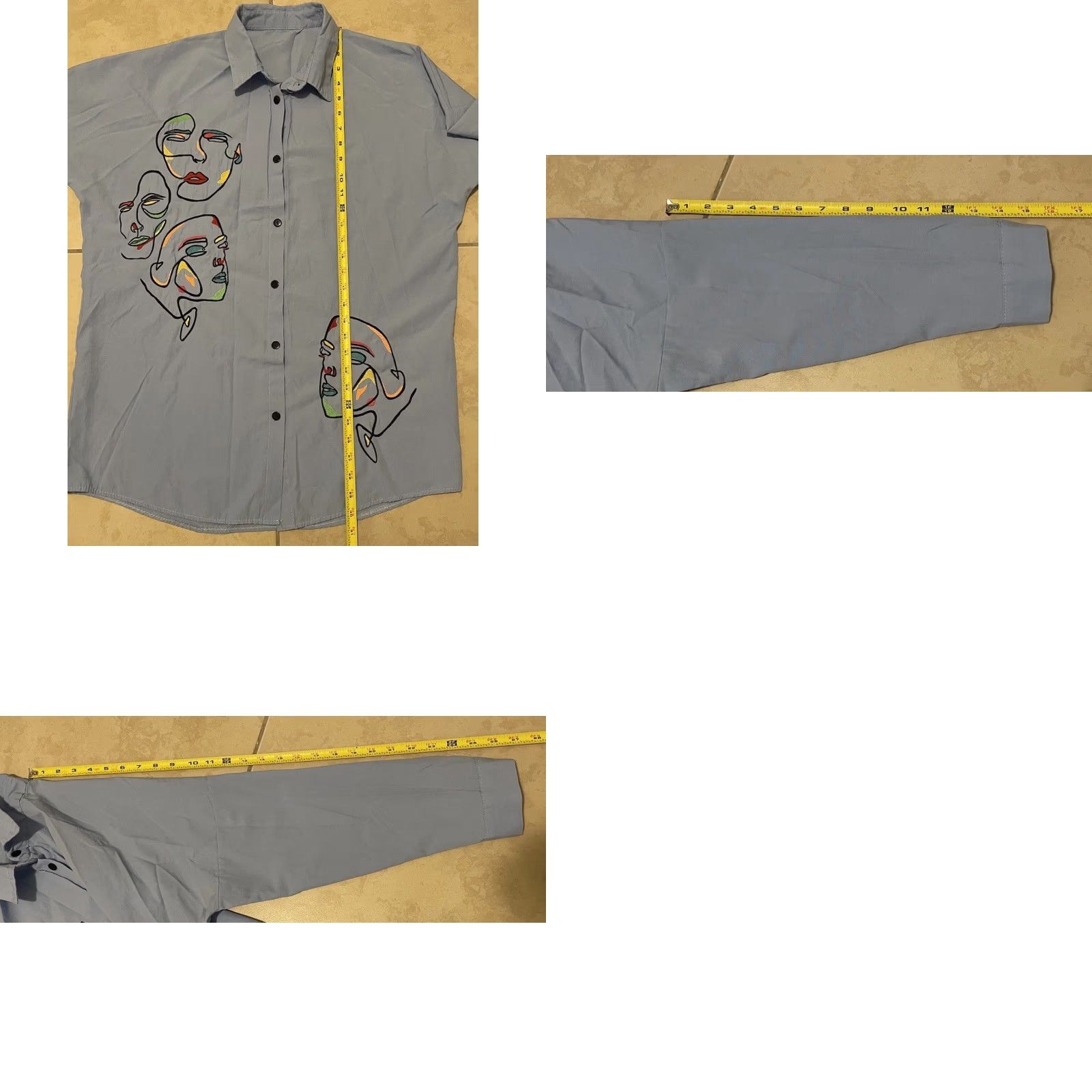 Vintage Vtg 90s Abstract Faces Button Up Shirt XL Blue Embroidered Graphic Tee Art Picasso Painting Grunge 80s Women Size XL / US 12-14 / IT 48-50 - 8 Thumbnail