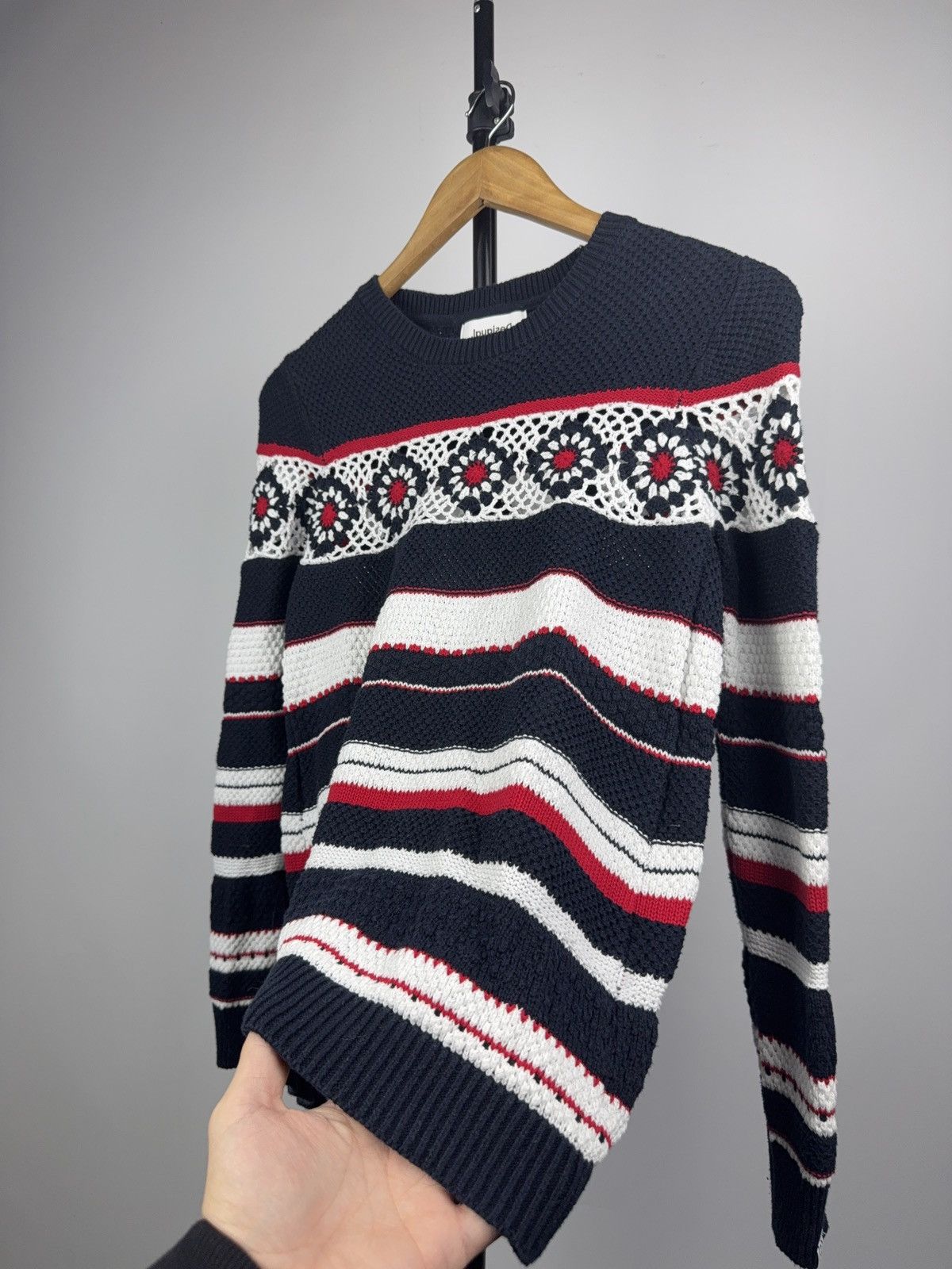 Desigual Avant Garde Y2K Desigual Crochet Floral Striped Knit Sweater Size S / US 4 / IT 40 - 3 Thumbnail
