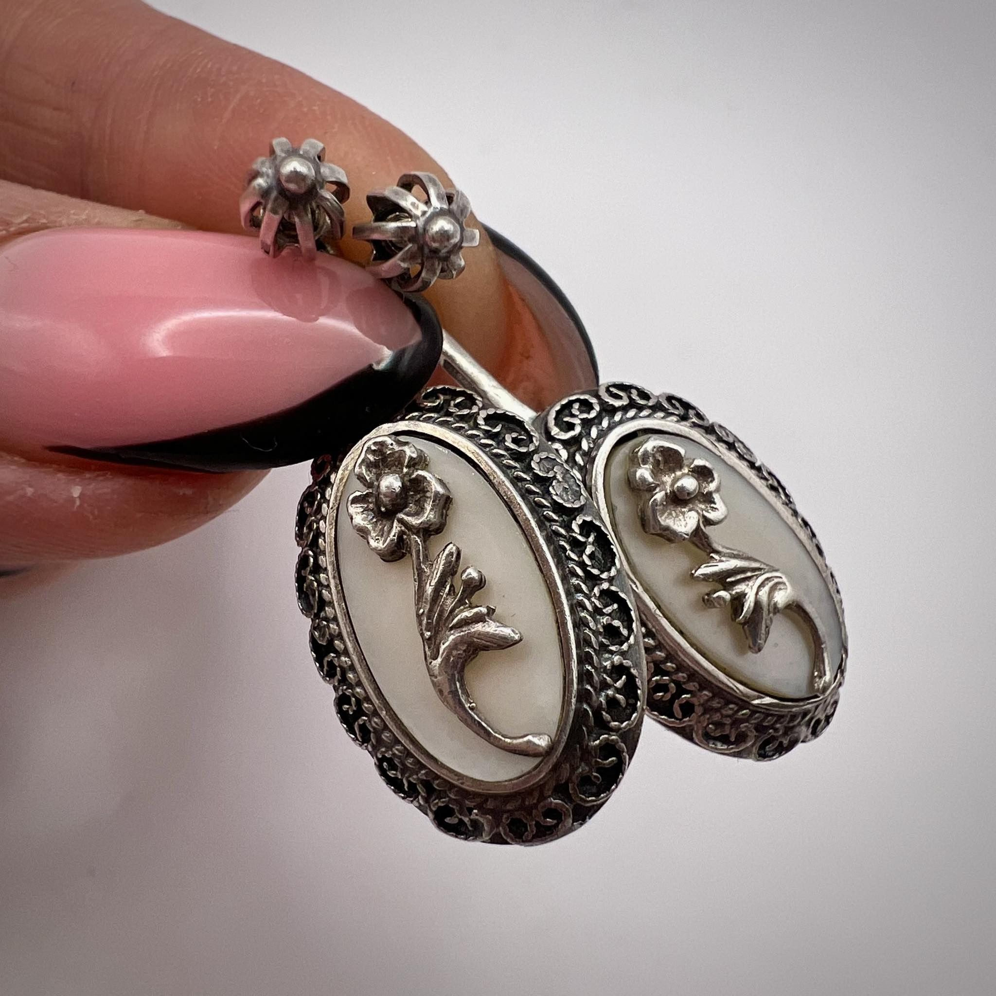 Jewelry Vintage USSR Silver 875 stud Earrings Cameo Flower Signed Size ONE SIZE - 7 Thumbnail