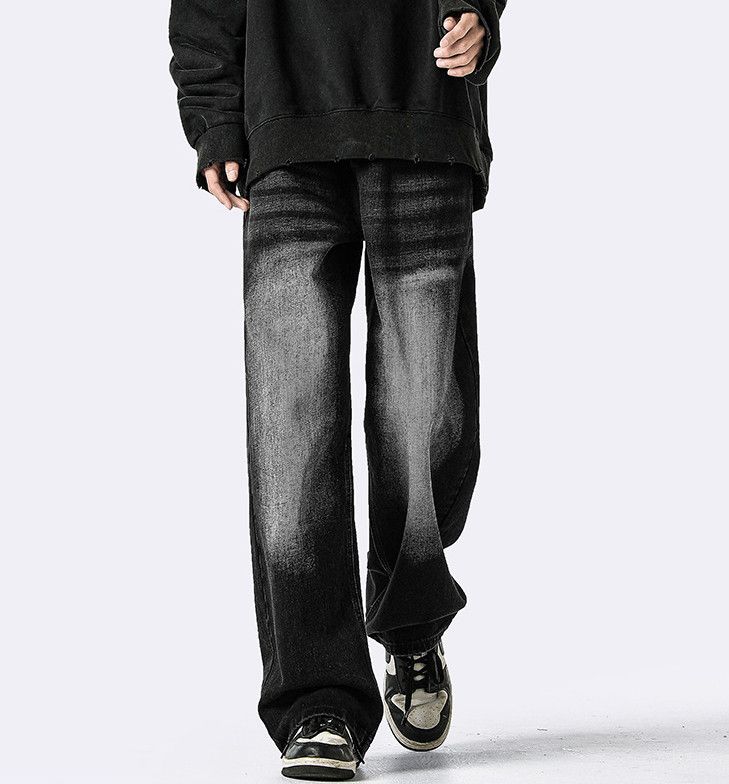 Men's retro distressed washed loose straight casual jeans