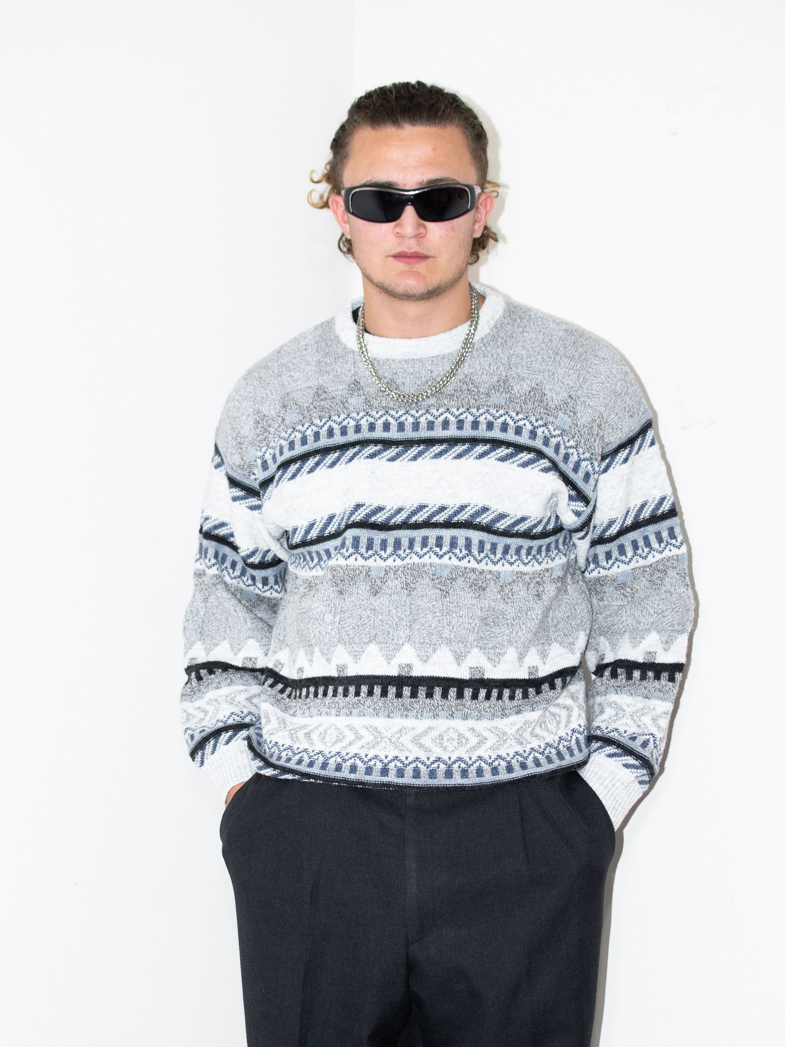 Designer × Vintage 90s Vintage Winter Geometric Pattern Crew Neck Sweater Size US L / EU 52-54 / 3 - 1 Thumbnail