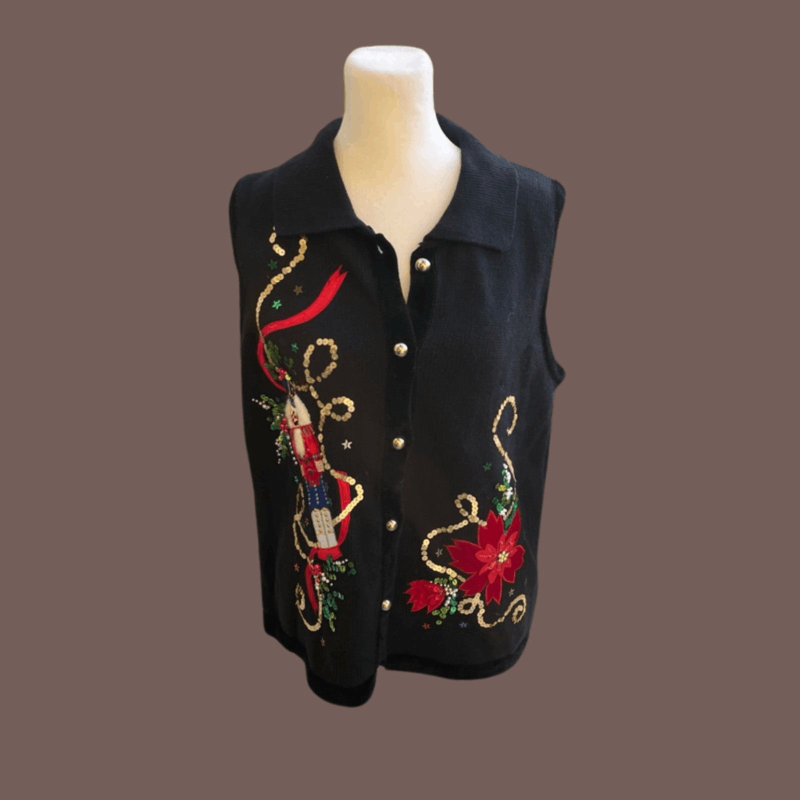 Vintage VTG Holiday Vest Lisa Int’l Embroidered Black 90s Grannycore Size M / US 6-8 / IT 42-44 - 1 Thumbnail