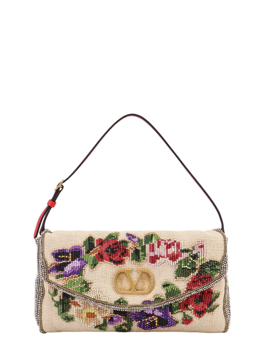 VALENTINO GARAVANI Vain Ivory Emb. Linen Shoulder Bag