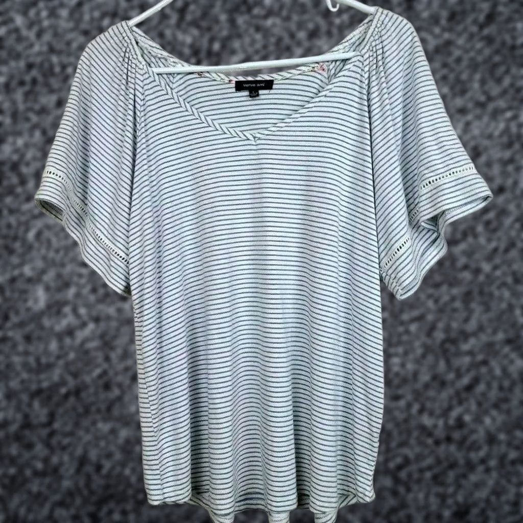 Vintage VINTAGE Verve Ami Boho Top Womens L Blue White Striped Short Sleeve Casual Eyelet Size L / US 10 / IT 46 - 1 Thumbnail