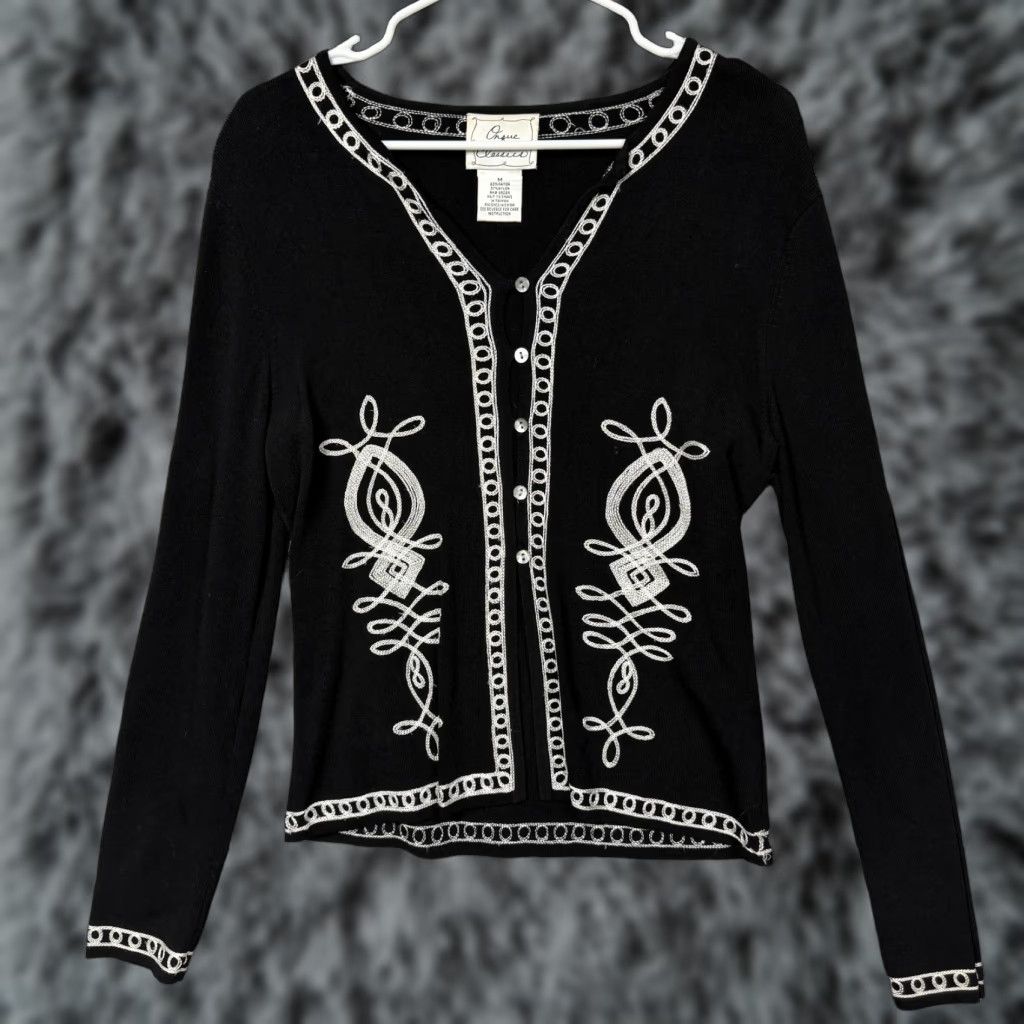 Vintage VINTAGE Orque Classics Cardigan Womens M Black Embroidered Boho 90s Geometric Knit Sweater Size M / US 6-8 / IT 42-44 - 1 Thumbnail