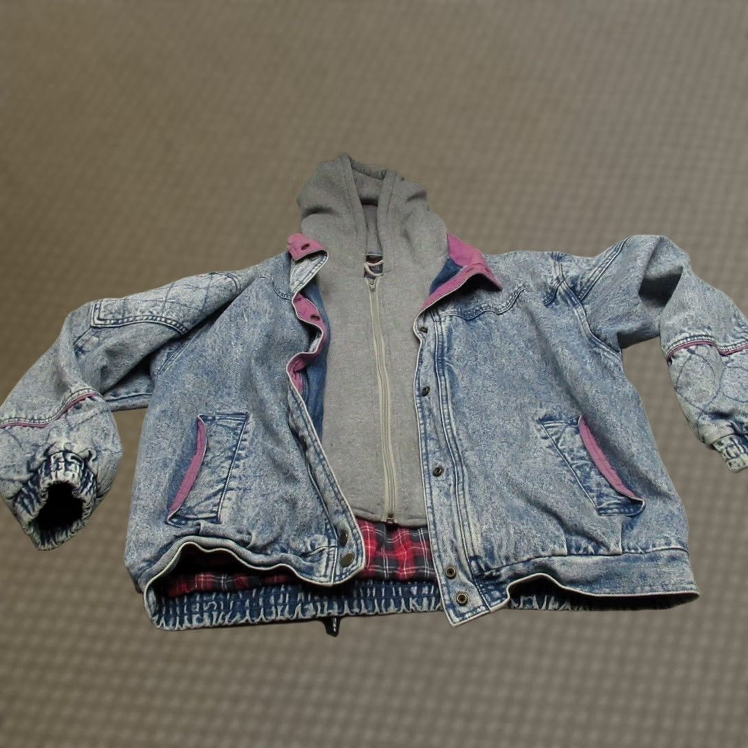 Denime VTG Weathered Denim Jacket Women Large Blue Acid Wash Plaid Lined Hooded 80s Size L / US 10 / IT 46 - 1 Thumbnail