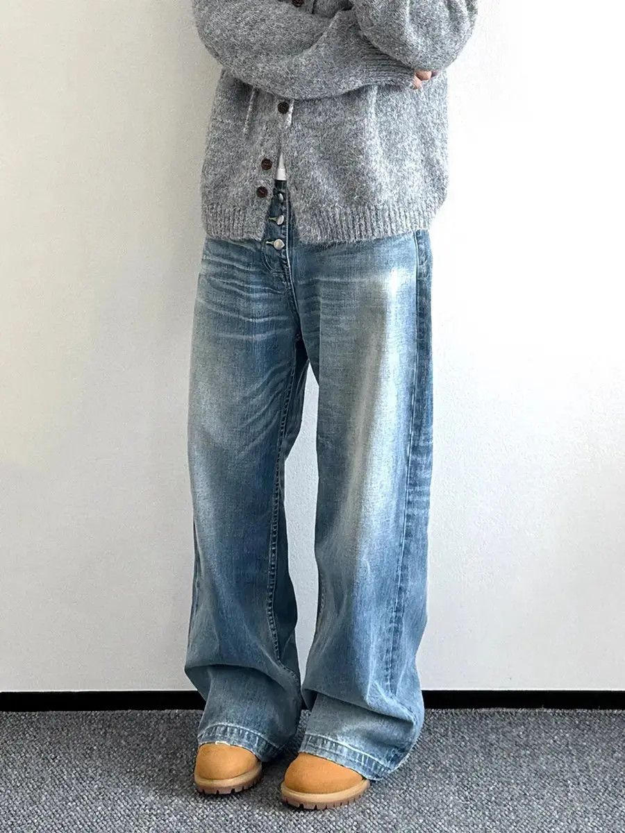 Retro casual loose washed breasted jeans