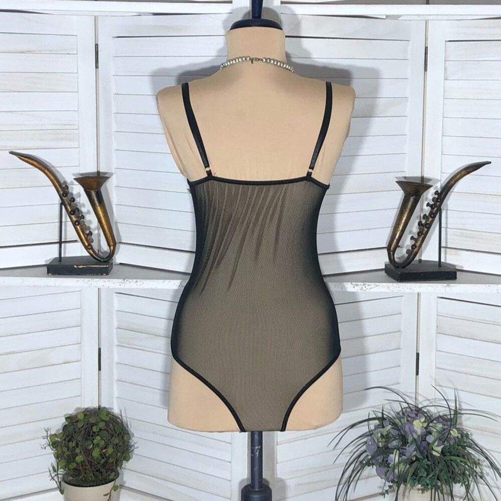 Vintage Y2K Bustier Bodysuit Lace Sheer Mesh Floral Black sz S Size ONE SIZE - 8 Thumbnail