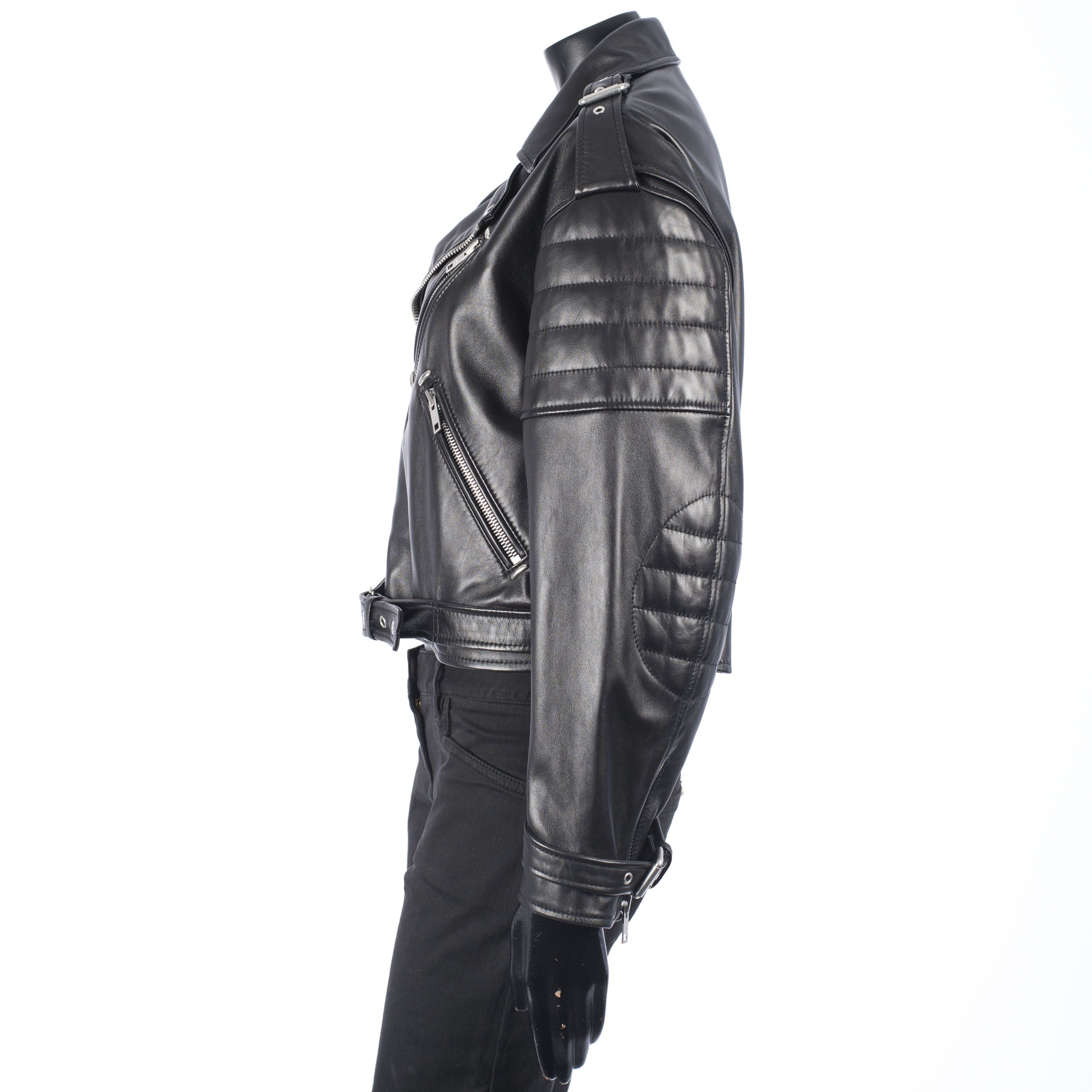 Celine Black Biker Jacket In Lambskin Leather With Padded Sleeves Size L / US 10 / IT 46 - 4 Thumbnail