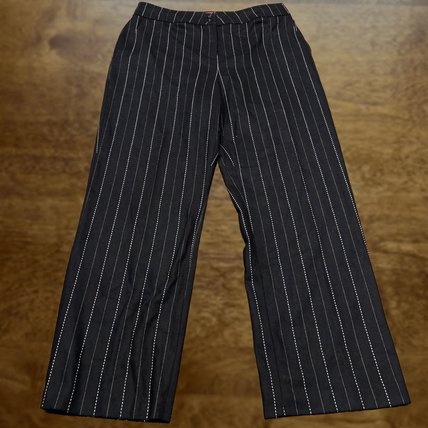 Vintage VTG Valerie Stevens Dress Pants Women 14 Wool Blend Pin Stripe Wide-Leg 90s Black Size 36" / US 14 / IT 50 - 1 Thumbnail
