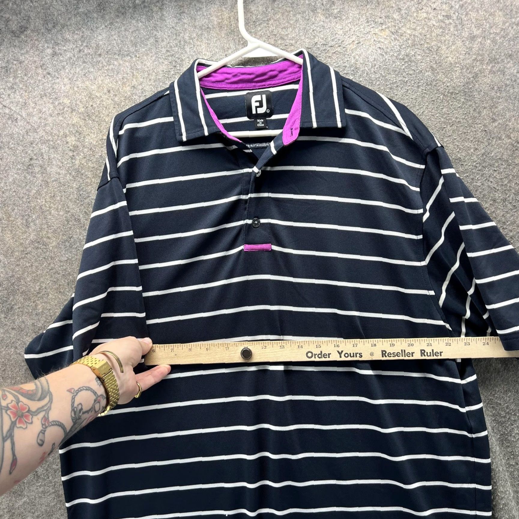 Footjoy FootJoy Polo Shirt Mens L Blue Stripe Golf Performance Short Sleeve Stretch Shirt Mens Standard Version Size US L / EU 52-54 / 3 - 6 Thumbnail