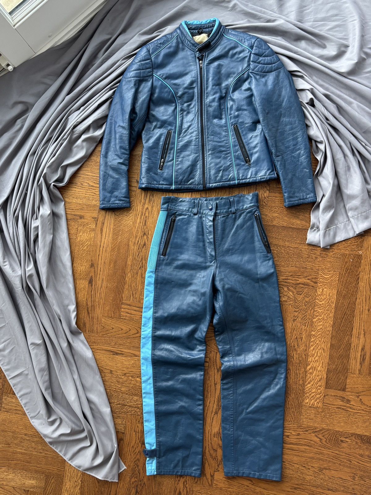 Indian Motorcycle × Vintage 1980s Vintage Leather Motorcycle Suit Set Jacket & Pants 70s Size 38R - 19 Thumbnail