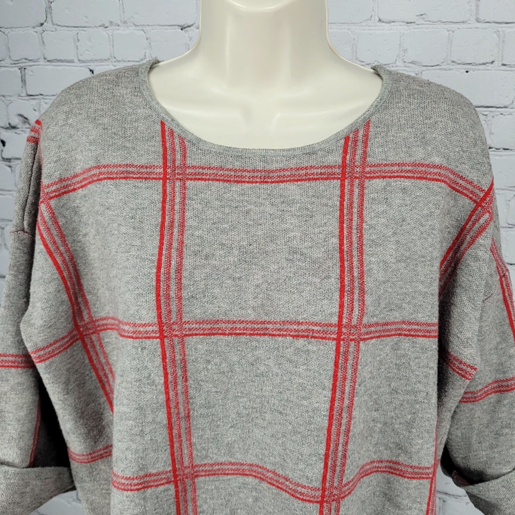 Vintage Tahari Sweater Shirt 1X Womens Casual Classic Check 3/4 Sleeve Pullover Grey Red Size XL / US 12-14 / IT 48-50 - 5 Thumbnail