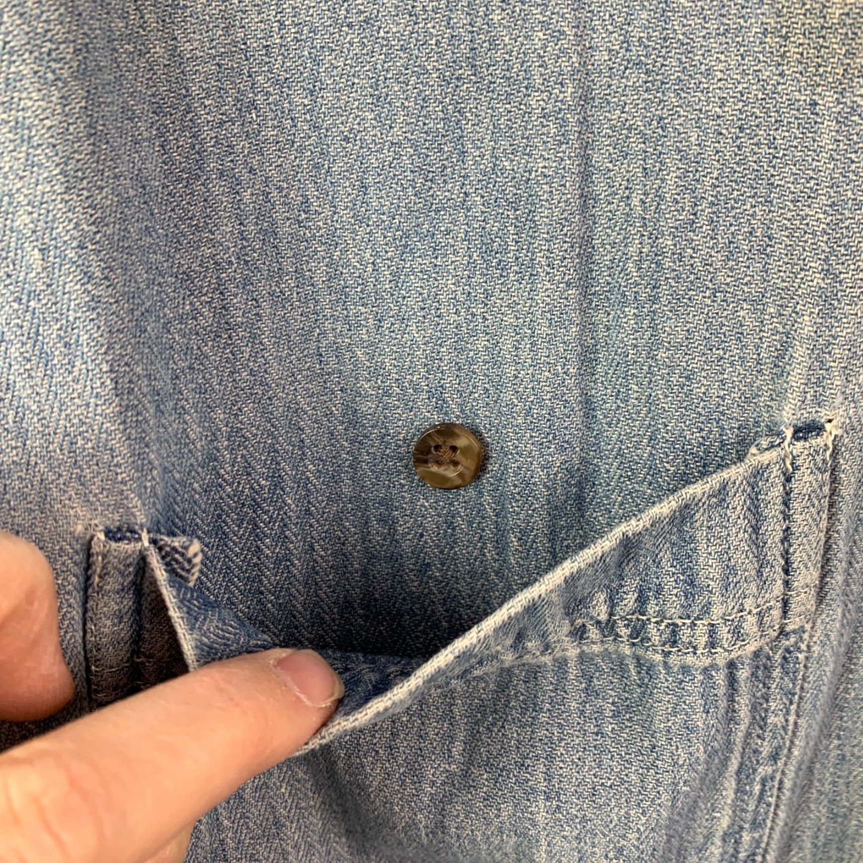 Denime Vintage Denim Button-Up Shirt XL 45" Chest Blue Solid Thrashed Destroyed Distressed Casual Mens Shirt Size US XL / EU 56 / 4 - 5 Thumbnail