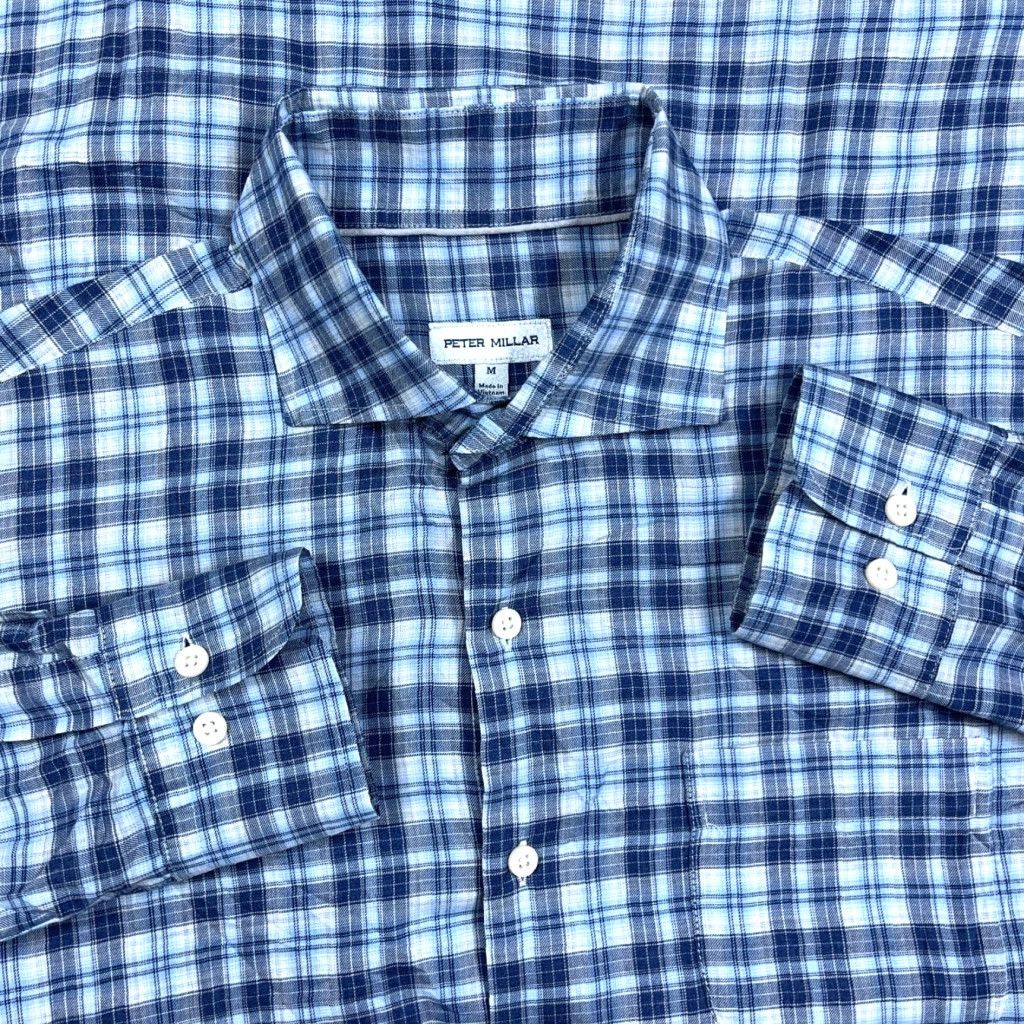 Peter Millar Peter Millar Shirt Men Medium Blue Plaid Button-Up Cotton Dress Adult LS Size 40R - 1 Thumbnail