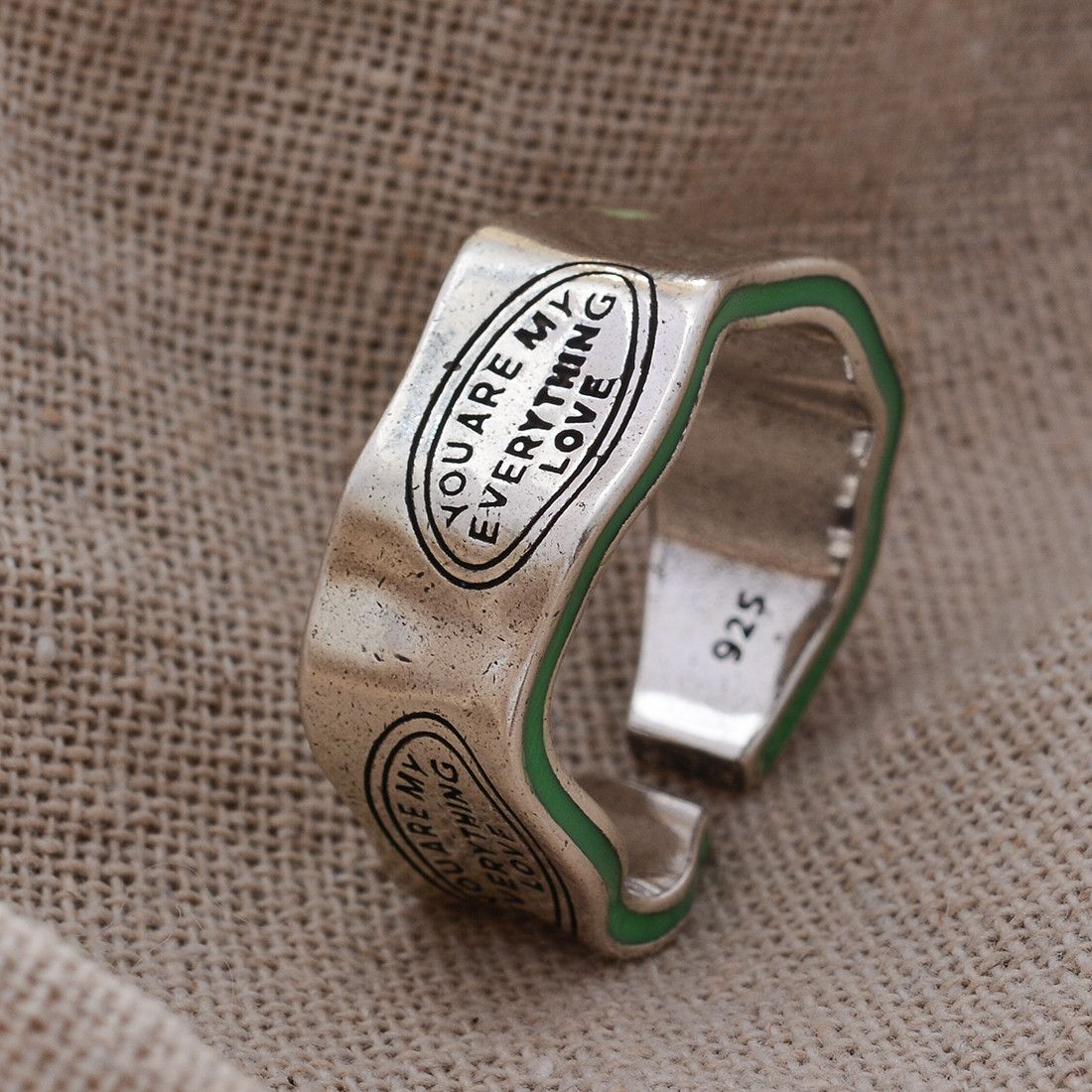 Japanese Brand × Vintage Elegant Letter Carving Green Stripe Design Retro Ring Size ONE SIZE - 2 Thumbnail