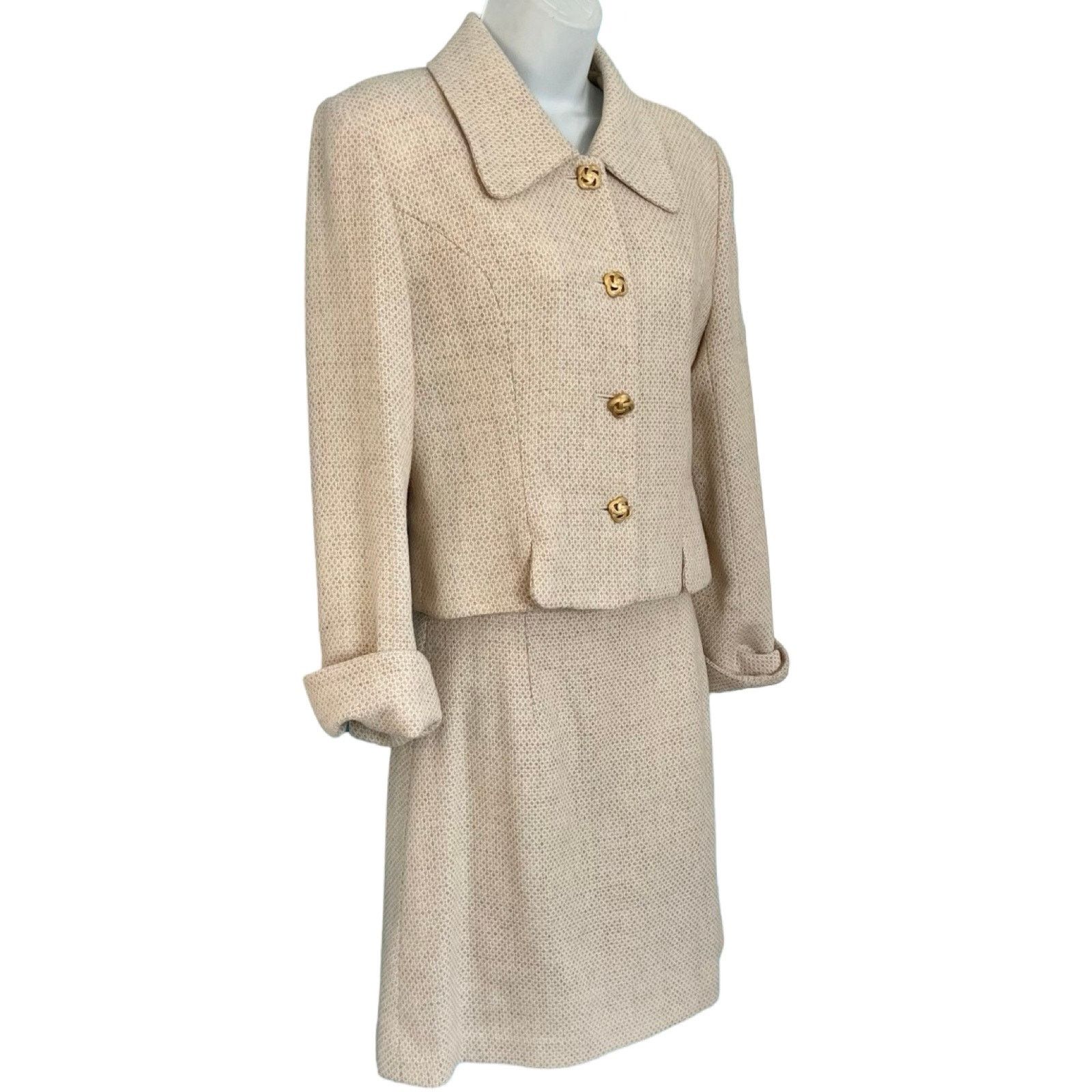 Bosch White Beige Cream Gold Button Tweed Skirt Suit L