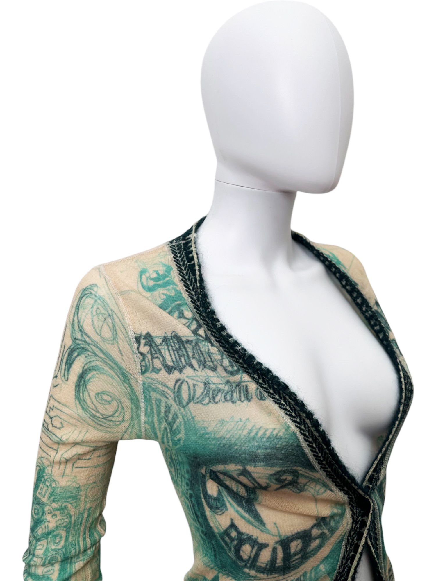 Jean Paul Gaultier 90's Tribal Acqua Green Wool Cardigan Size L / US 10 / IT 46 - 10 Thumbnail