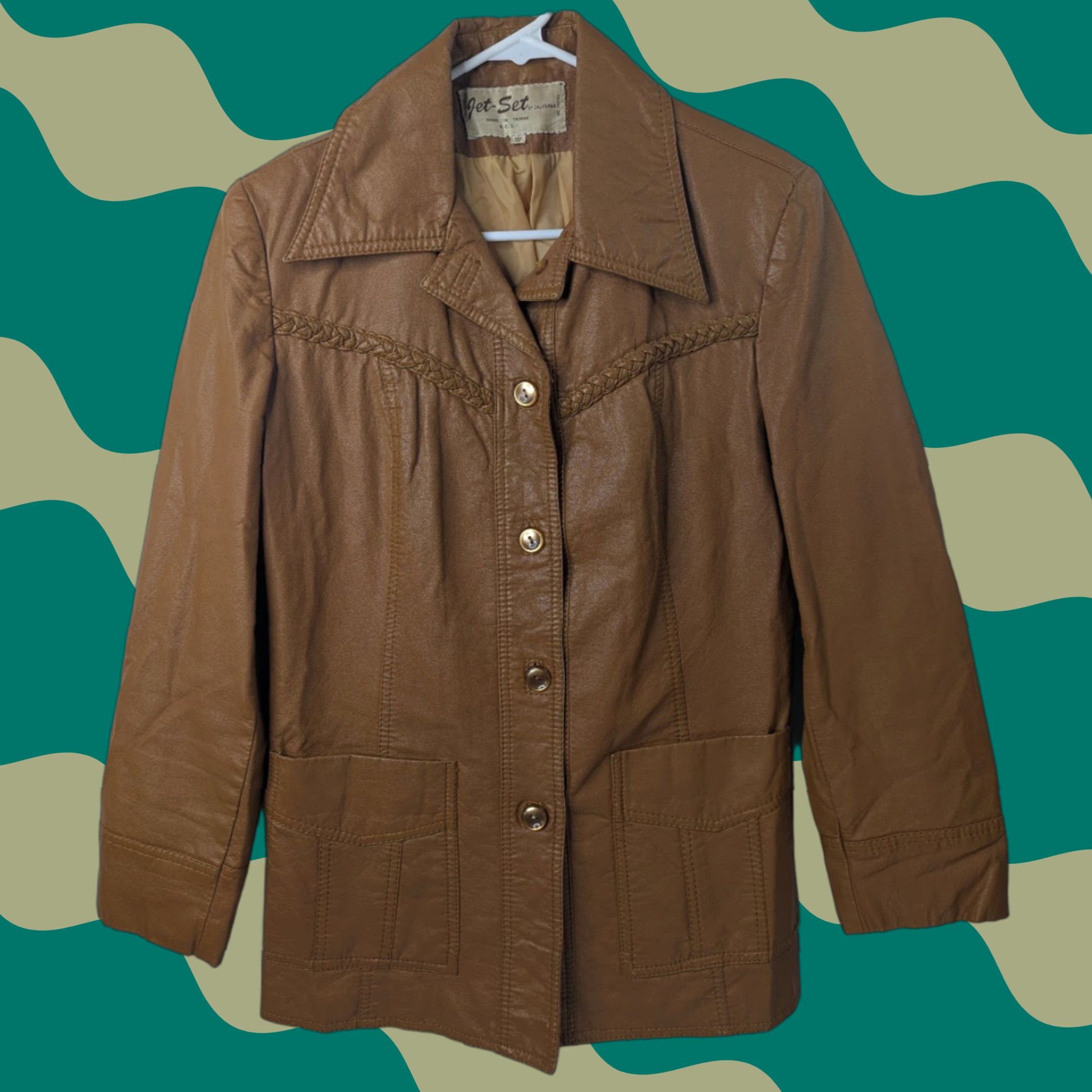Vintage Jet Set Brown Polyurethane Leather Jacket Women 12 Jacket Pockets Casual All Seasons Fall Spring Summer Regular Size 12 Brown Pockets Jet Set Jacket Size XL / US 12-14 / IT 48-50 - 1 Thumbnail