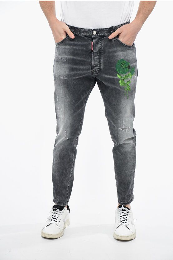 image of Dsquared2 Distressed Relax Long Crotch Denims With Floral Print 16Cm in Black, Men's (Size 36)