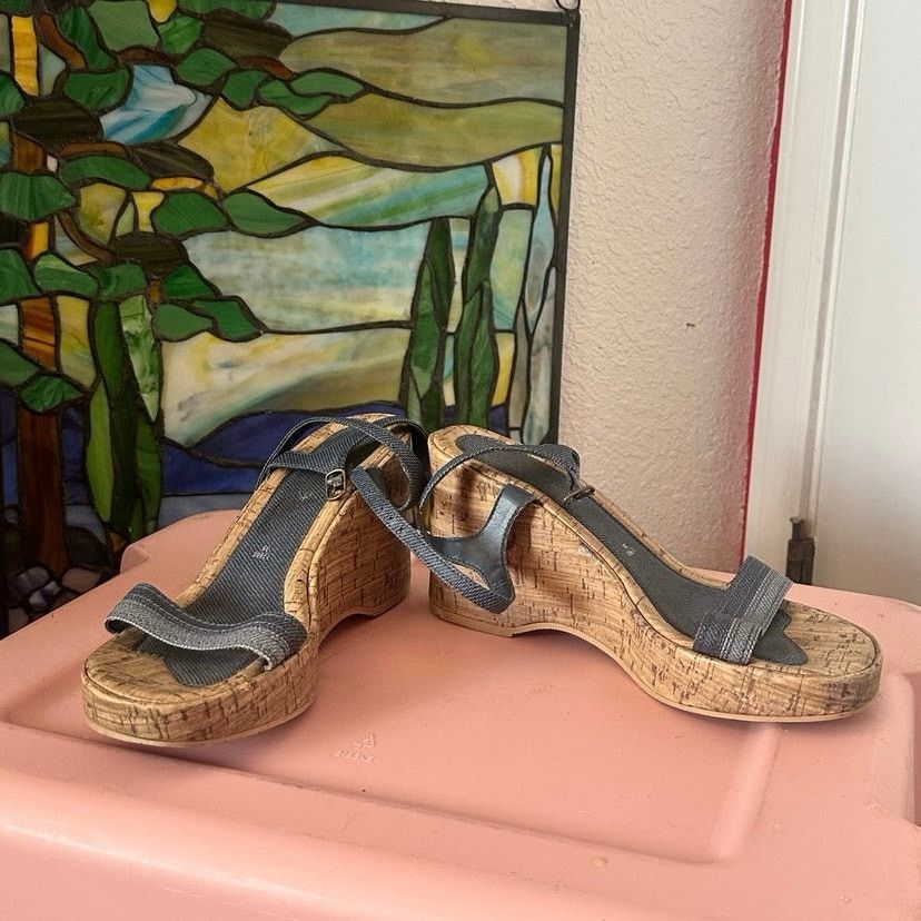Other lower east side denim wood platform wedge sandal heels shoes Size US 7.5 / IT 37.5 - 1 Thumbnail