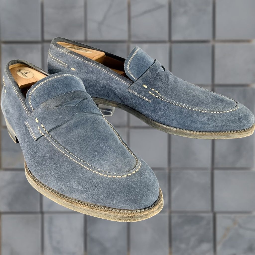 Magnanni MAGNANNI Blue Grey Suede Penny Loafers Size 11 Contrast Stitch Men Size US 11 / EU 44 - 1 Thumbnail