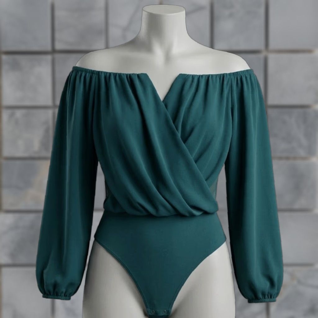 Guess GUESS Blouse XS Green Sheer Long Sleeve Off Shoulder Bodysuit Top Party/Cocktail Womens, 90s Minimalist Sexy Fairy Grunge Coquette Size XS / US 0-2 / IT 36-38 - 1 Thumbnail