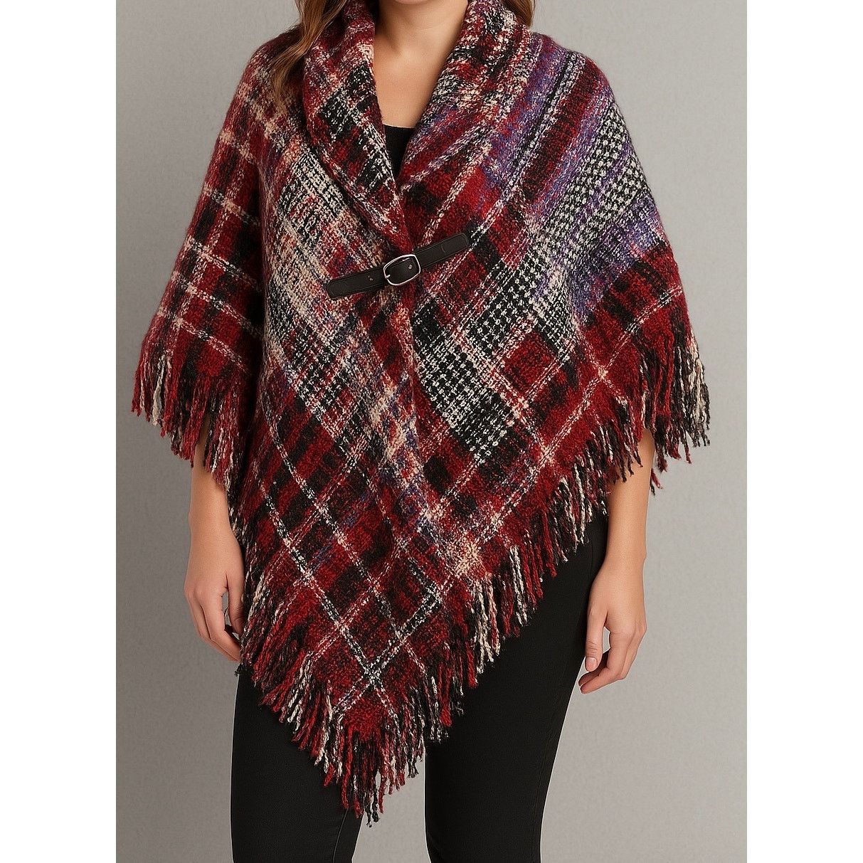 Vince Camuto Vince Camuto Wine Plaid Fringed Shawl Wrap Poncho OS Size ONE SIZE - 1 Thumbnail