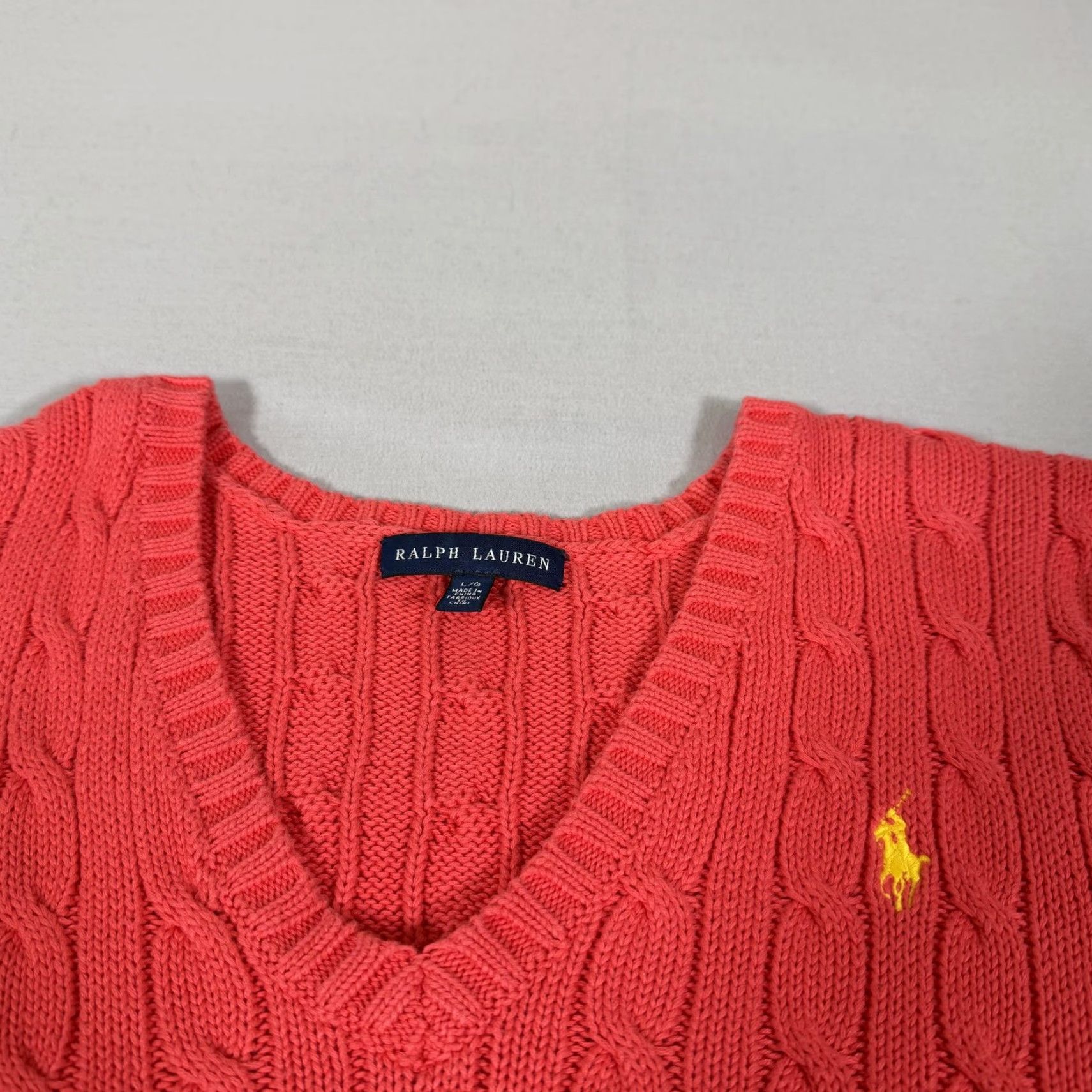 Polo Ralph Lauren Polo Ralph Lauren Sweater Women Large Red Cable Knit V Neck Cotton Pullover Pony Size L / US 10 / IT 46 - 3 Thumbnail