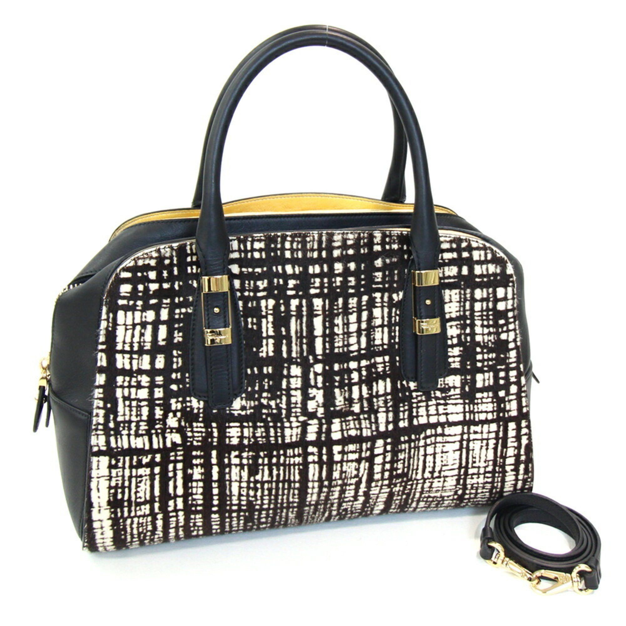 Salvatore Ferragamo Handbag Dh21 D746 Brown Black Gold Leather Pony Shoulder Bag Mini Boston For Women
