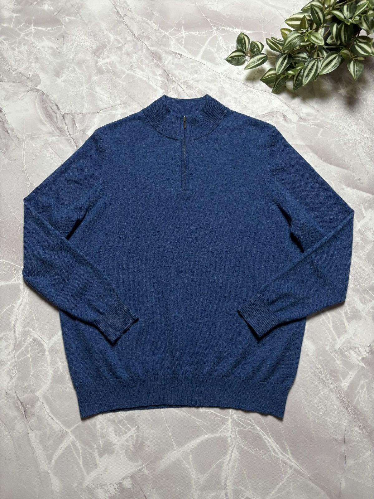 Designer WoolOvers Merino Wool Cashmere Half Zip Sweater Blue Mens XL Size US XL / EU 56 / 4 - 1 Thumbnail