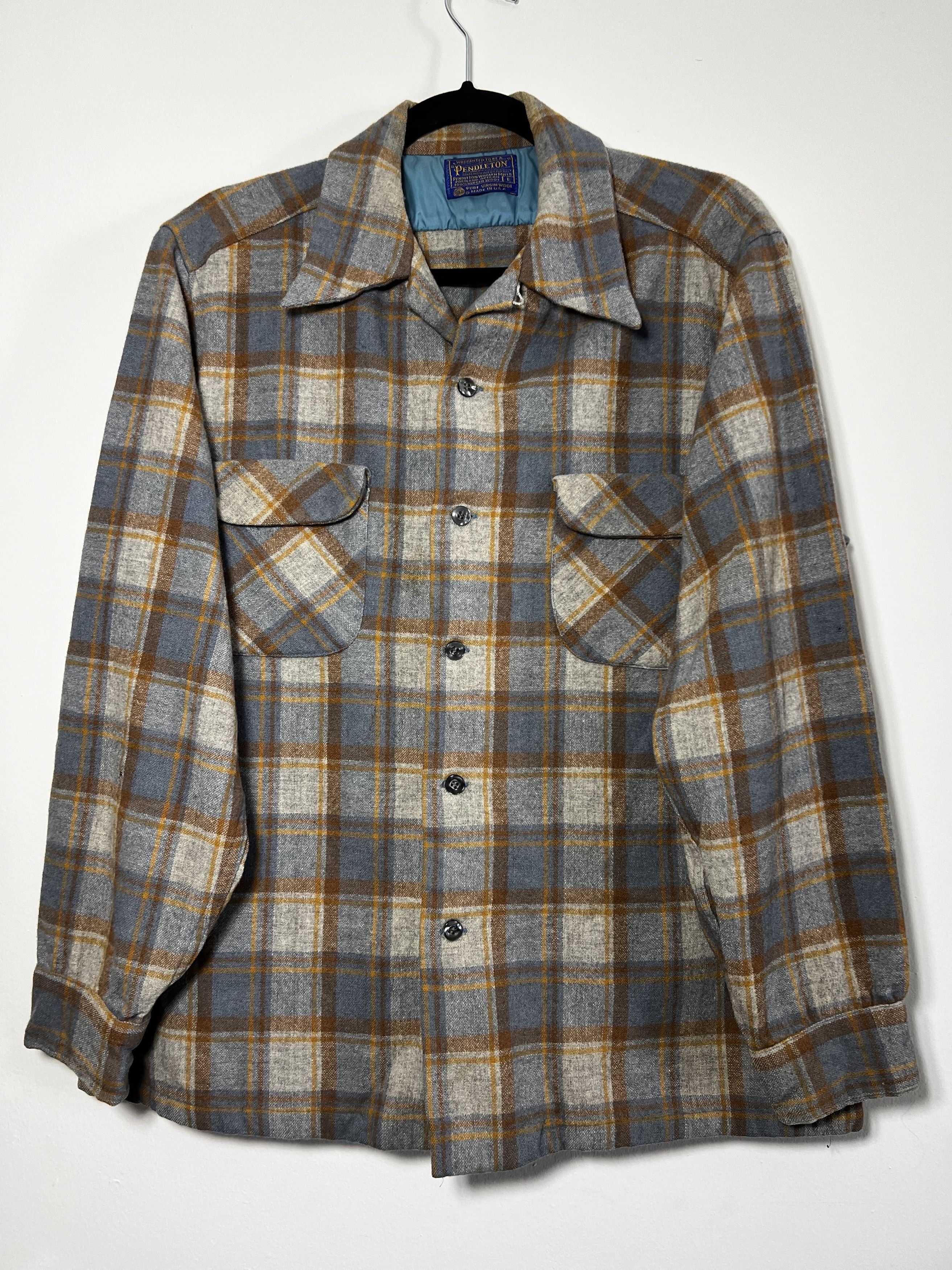 Flannel Vintage 1960's-1970's Pendleton Wool Grey/ Rust Plaid Shirt Size US M / EU 48-50 / 2 - 1 Thumbnail