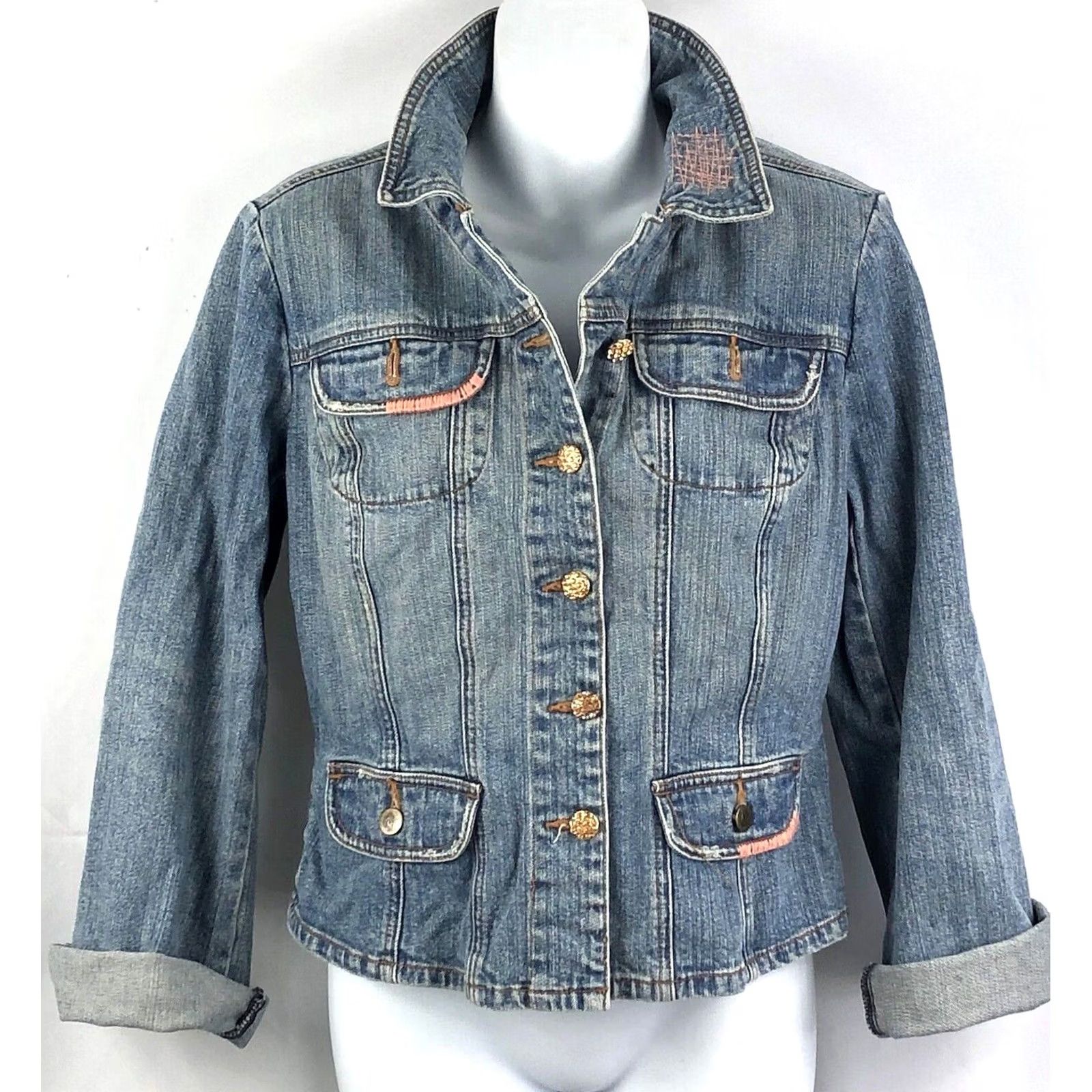 Denime Vintage Denim Jacket M Blue Jean Peach Bead Satin Patchwork Tapestry boho Hippie Size 32" / US 10 / IT 46 - 2 Thumbnail