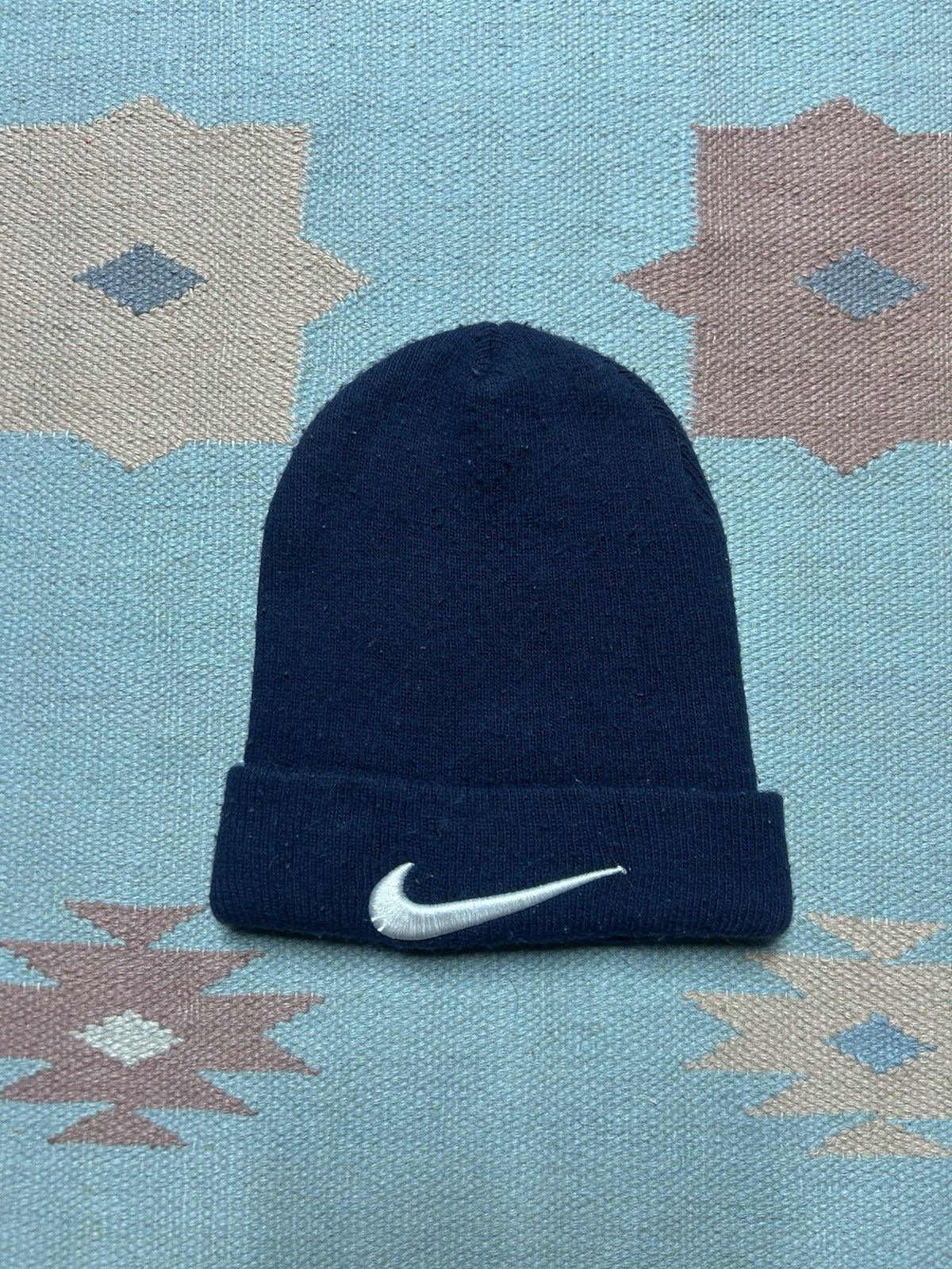 Vintage Vtg acrylic knit beanie winter Nike swoosh check logo OSFA Size ONE SIZE - 2 Thumbnail