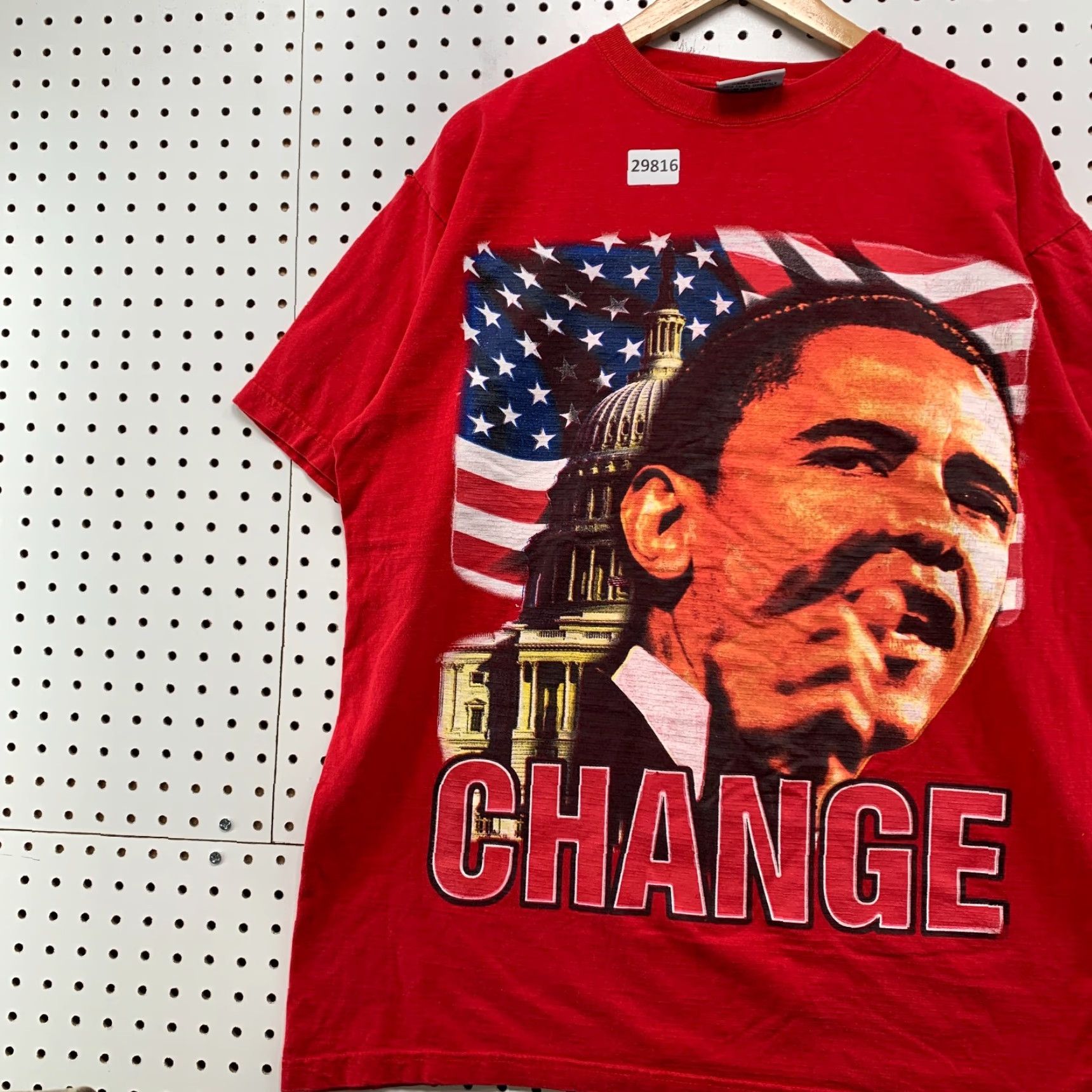 Vintage VINTAGE President Barack Obama CHANGE Shirt Red Mens XL USA Flag Presidential Size US XL / EU 56 / 4 - 3 Thumbnail