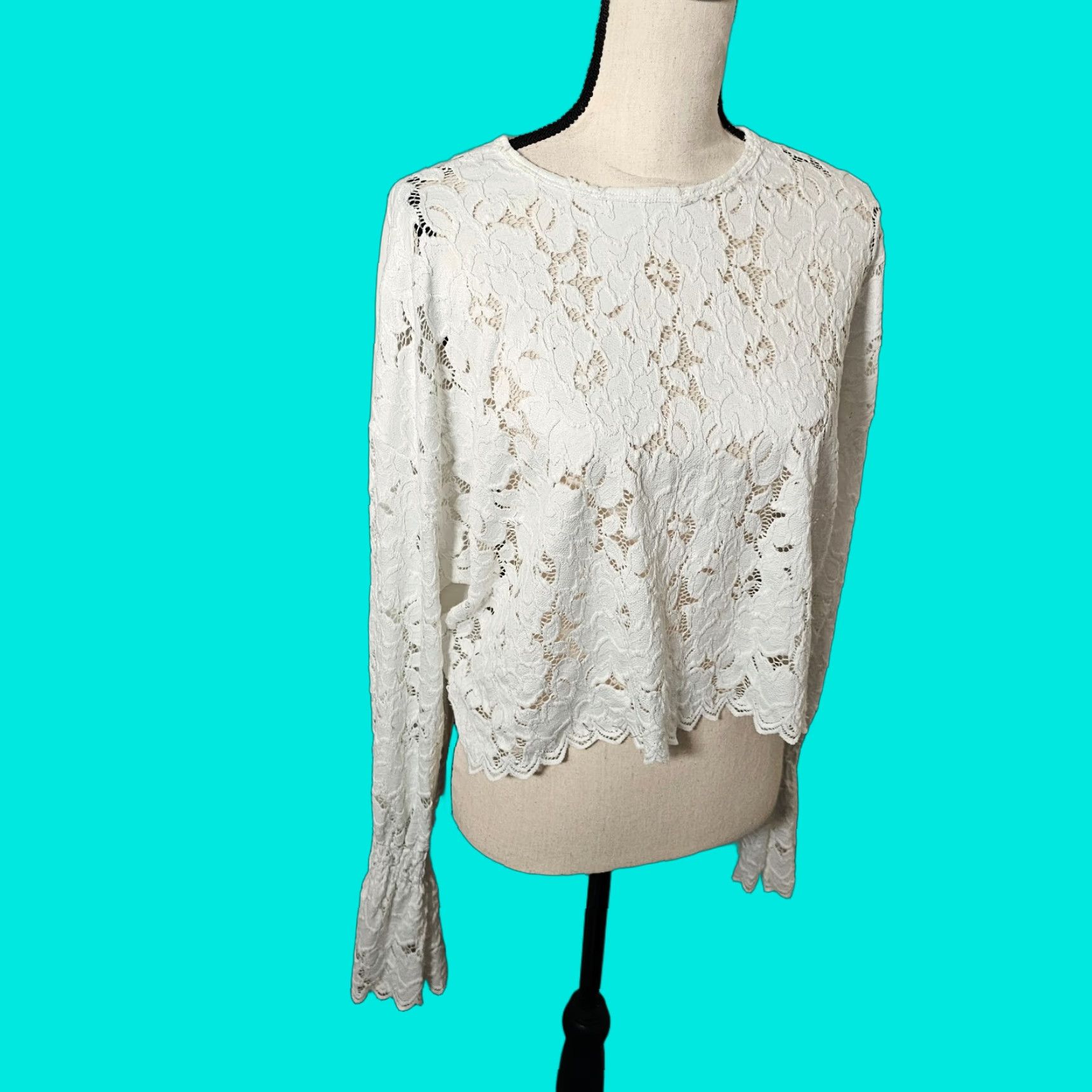 Zara Zara Trafaluc Blouse L Ivory Lace Bell Sleeve Round Neck Short Sleeve Sheer Crochet Accent Women's Regular Sizes Size L / US 10 / IT 46 - 1 Thumbnail
