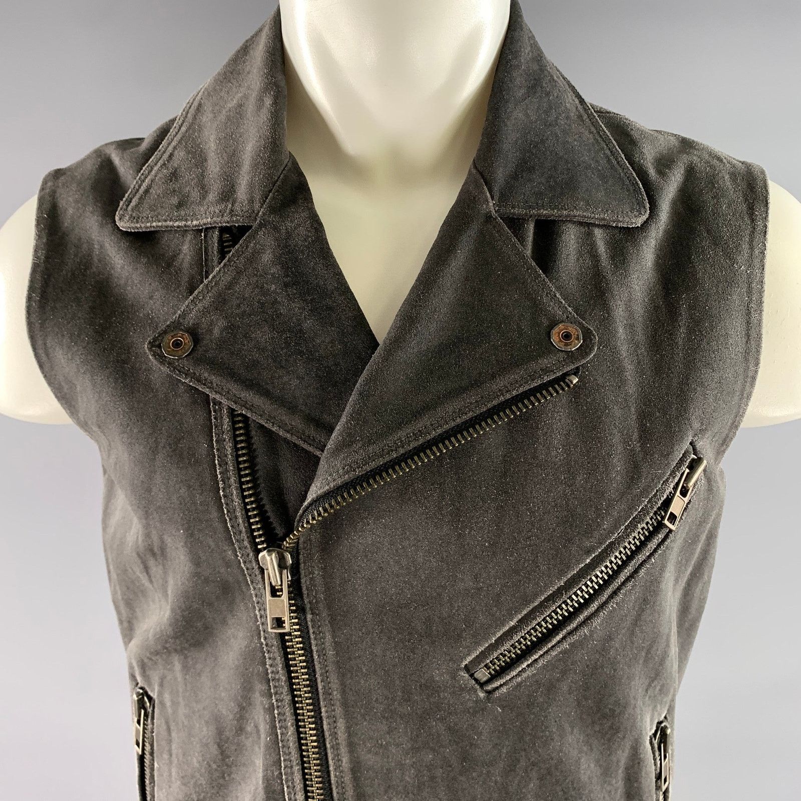 Diesel DIESEL Size L Grey Distressed Calf Leather Biker Vest Size US 9 / EU 42 - 2 Thumbnail