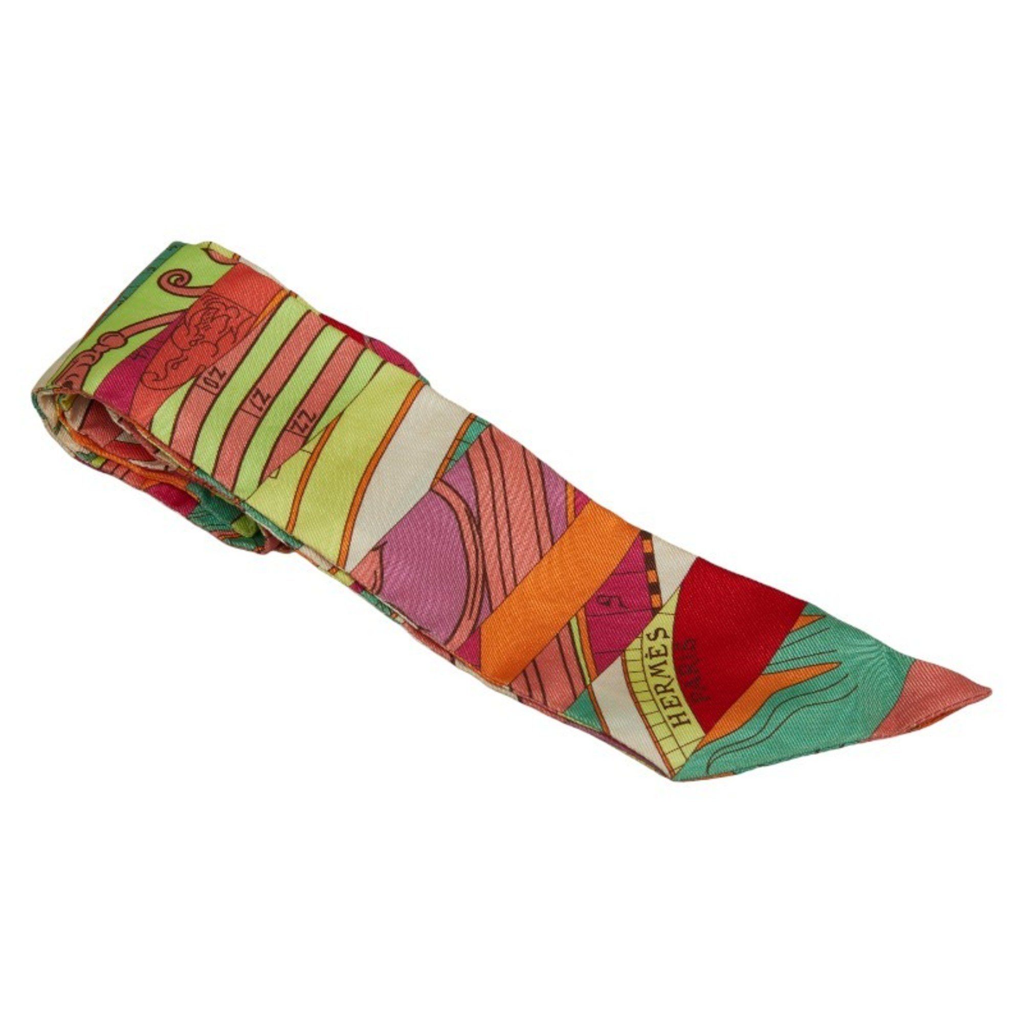 image of Hermes Twilly Scarf Muffler Orange Multicolor Silk Women's Hermes in Black