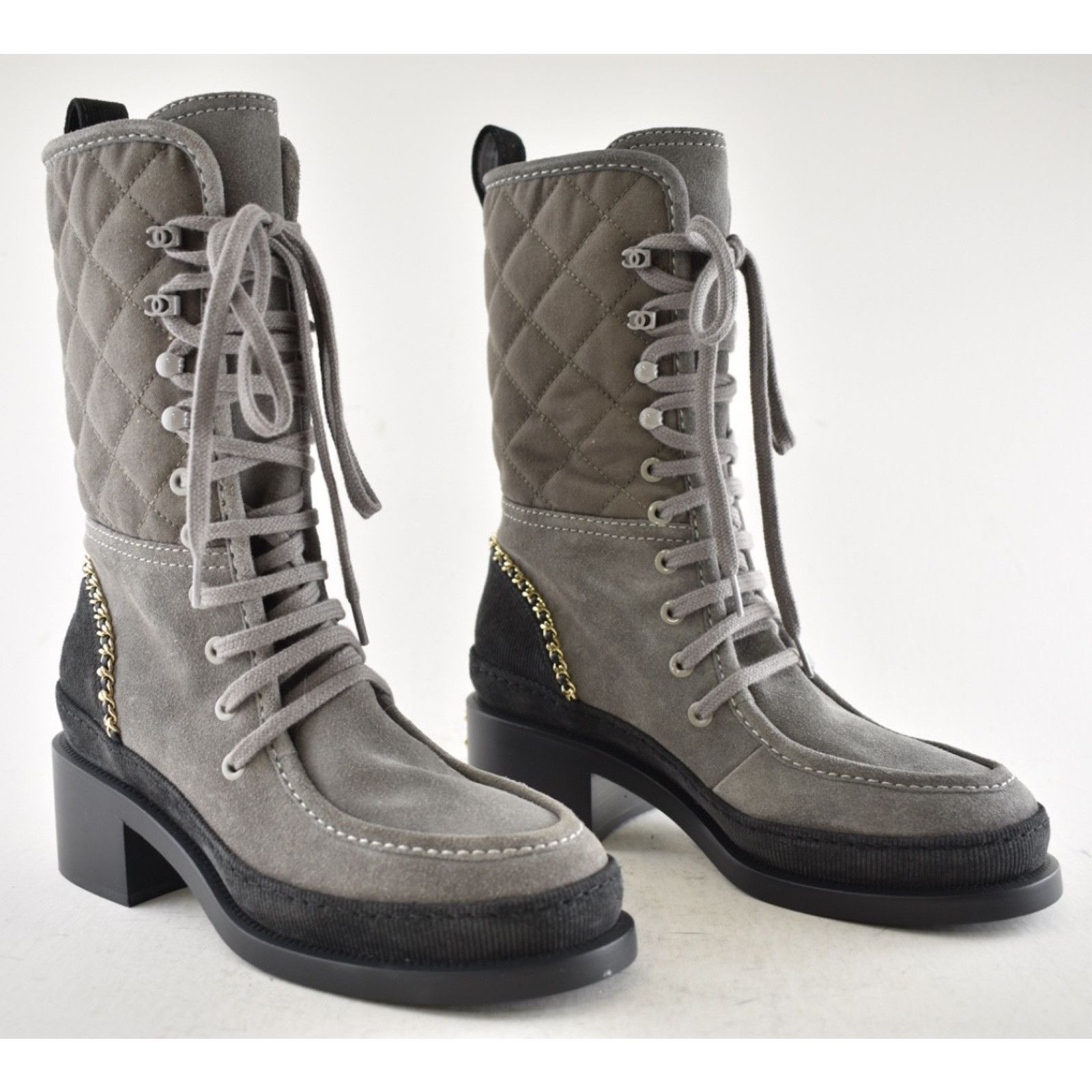 Chanel Chanel 24K Grey Quilted Suede Chain CC Combat Boots 36 Size US 6 / IT 36 - 3 Thumbnail