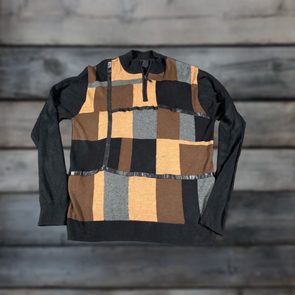 Vintage Vintage Men's Sweater 1/4 Zip Black Brown Check Pattern Wool Knit Large Fall Winter Retro 90s Size US L / EU 52-54 / 3 - 1 Thumbnail