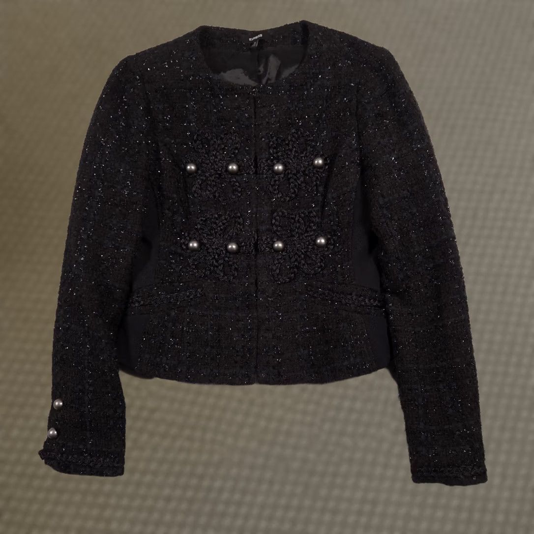 Express VINTAGE Express Blazer Womens Small Black Tweed Pearl Button Embellished Cropped Jacket Size S / US 4 / IT 40 - 1 Thumbnail