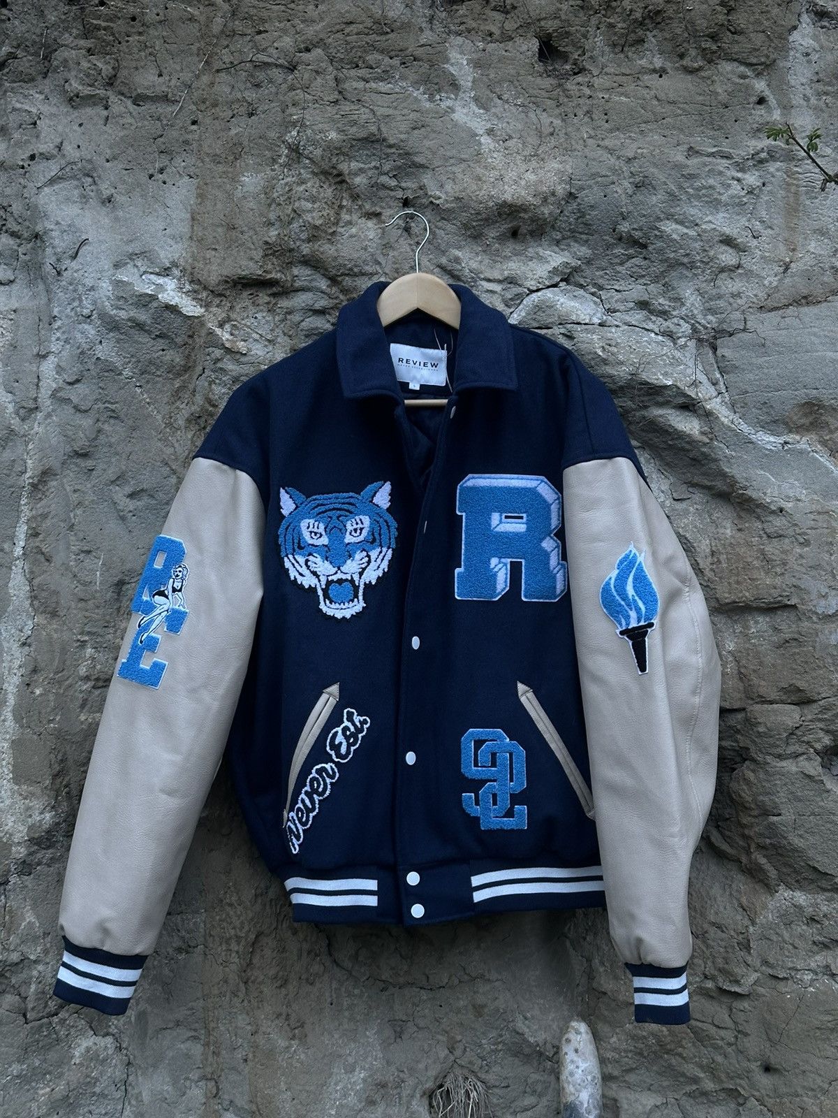 image of Review Varsity Jacket in Navy, Men's (Size Large)