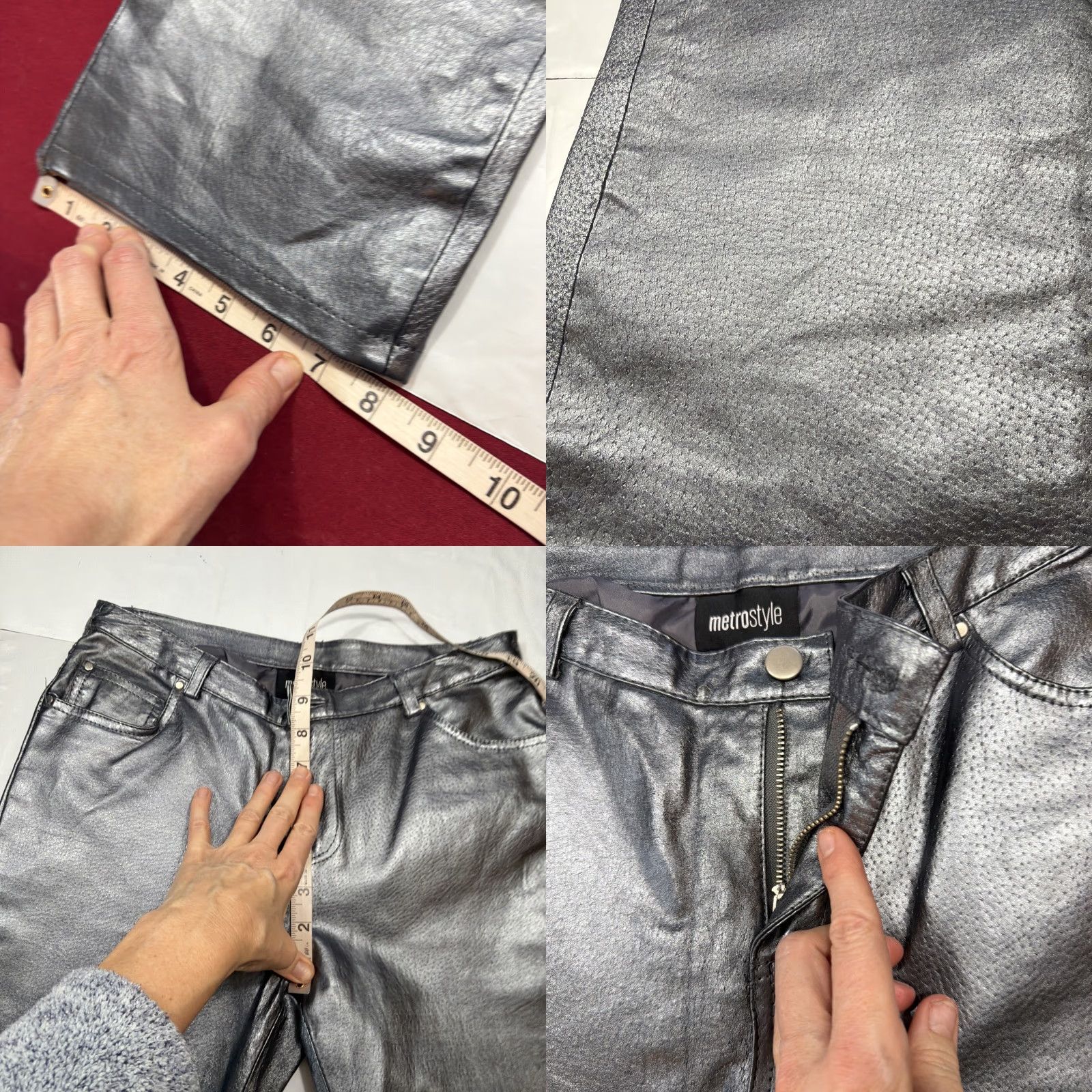 Vintage VINTAGE metrostyle SHINY SILVER LEATHER Pants Lined Bootcut Moto Biker Zip Up Women’s Size 6 Gray 6-Pocket Front Flat Zip Dry Clean Only Boots? Size 28" / US 6 / IT 42 - 8 Thumbnail