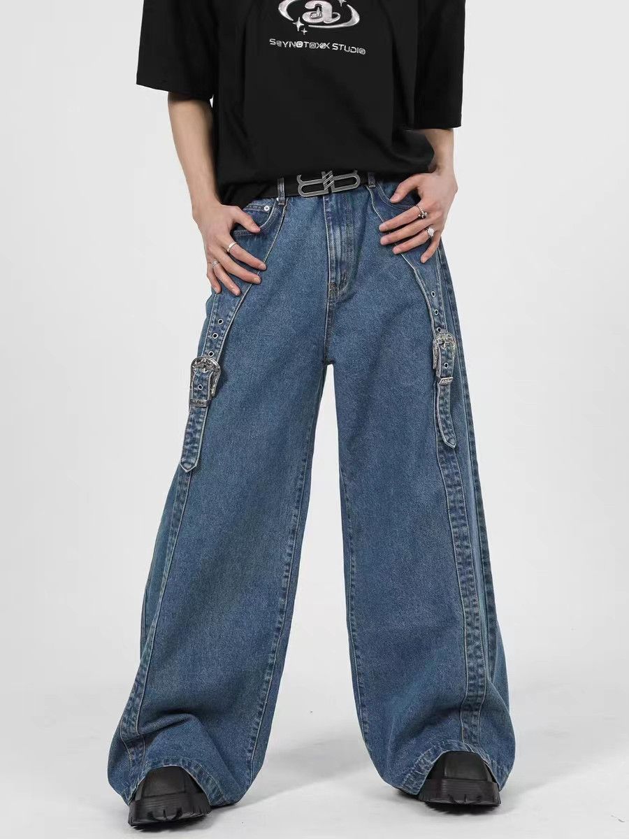 Jeans with double-layer splicing metal leather buckle design