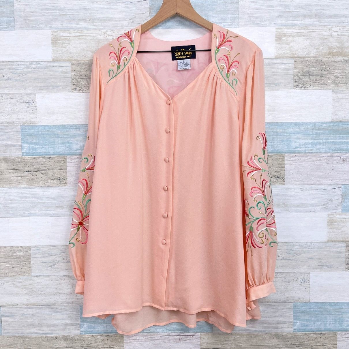 Bob Mackie Bob Mackie Silk Floral Embroidered Blouse Pink Wearable Art Size L / US 10 / IT 46 - 2 Thumbnail