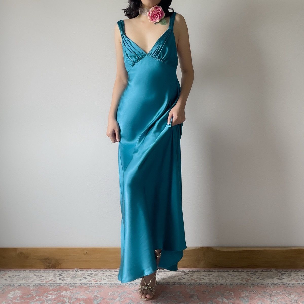 Vintage Vintage Jonquil Teal Satin Slip Gown (M–L) Size L / US 10 / IT 46 - 5 Thumbnail