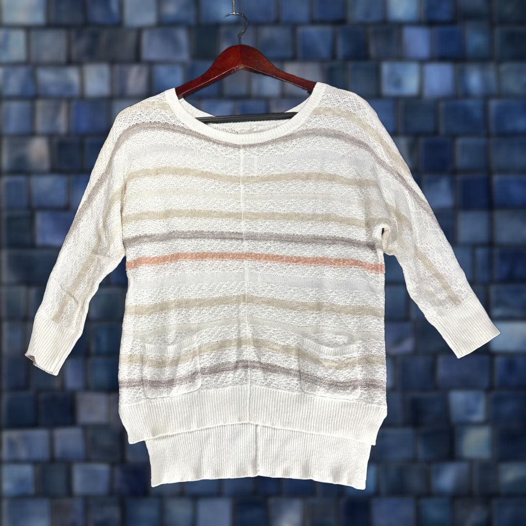 Loft LOFT Sweater Women XS White Striped Open-Knit Pockets Cotton Linen Knit Pullover Round Neck Regular Long Sleeve Vintage: No Size XS / US 0-2 / IT 36-38 - 1 Thumbnail