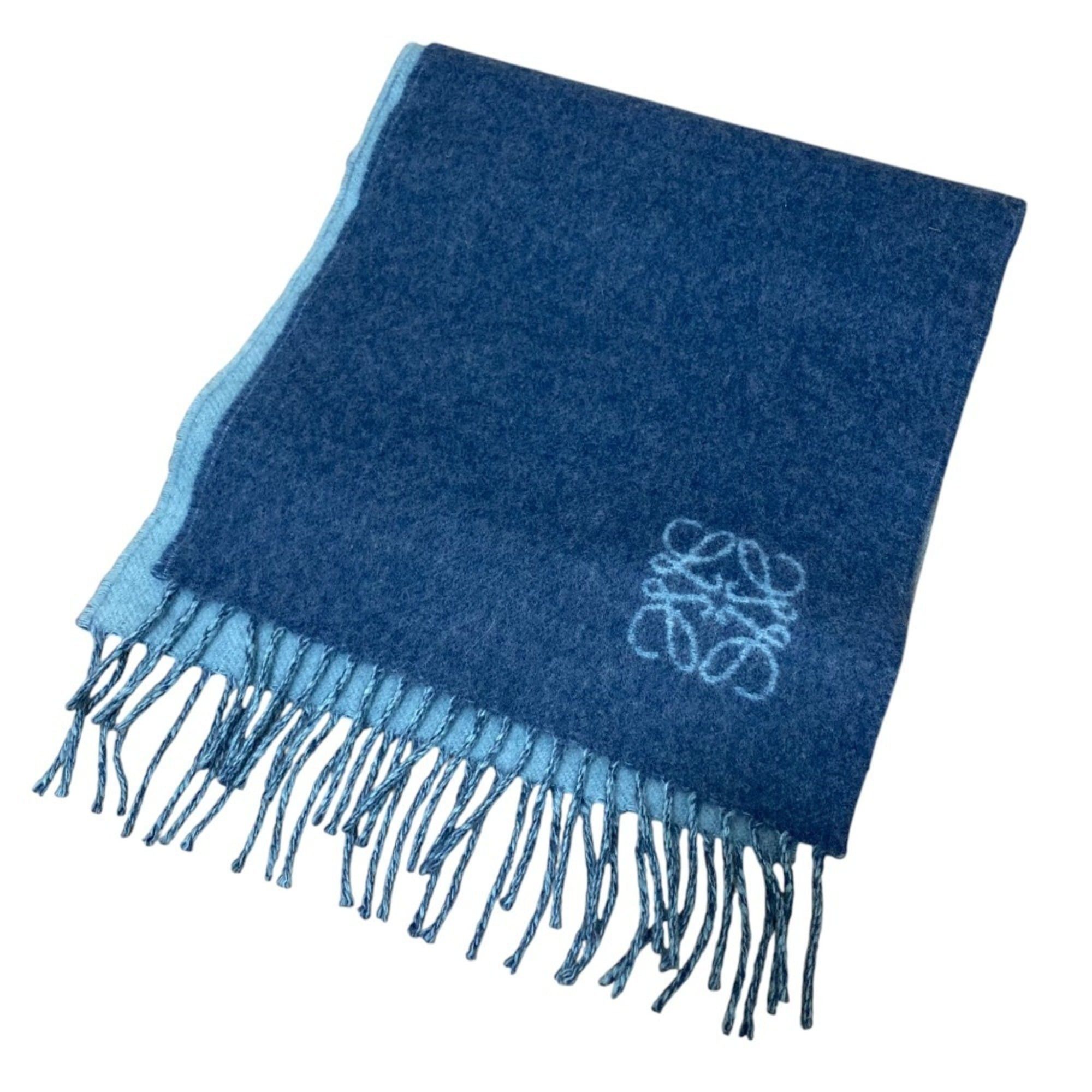 LOEWE Wool Angora Double-Face Fringe Scarf Blue x Light Blue Women's