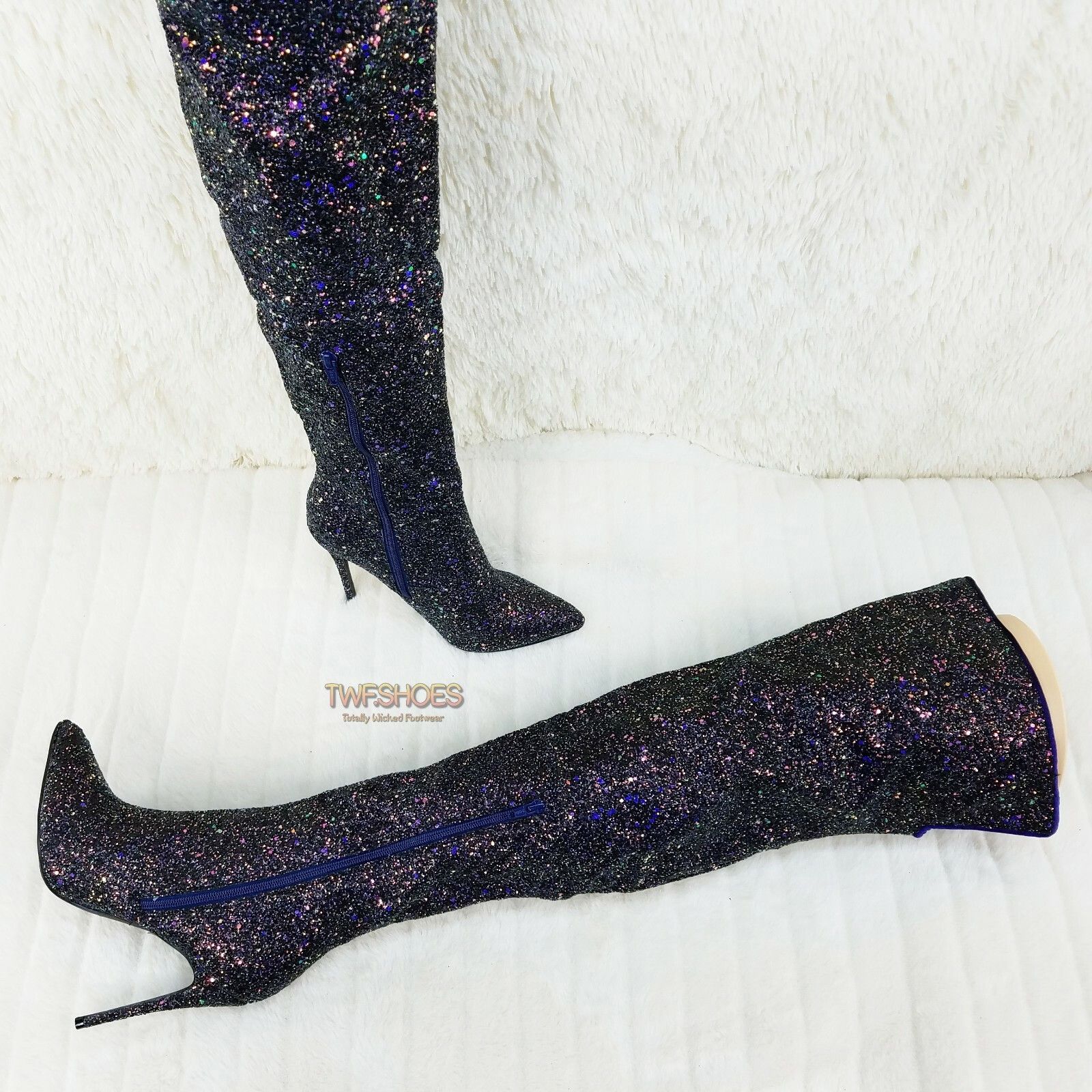 Other Courtly Black Multi Color Glitter 3015 Thigh High Boots 5" Size US 12 / IT 42 - 3 Thumbnail